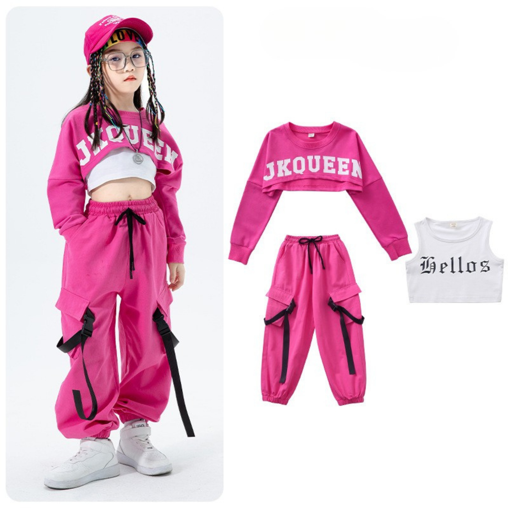 GIRLS ビビッドピンク カーゴセットアップ キッズダンス衣装