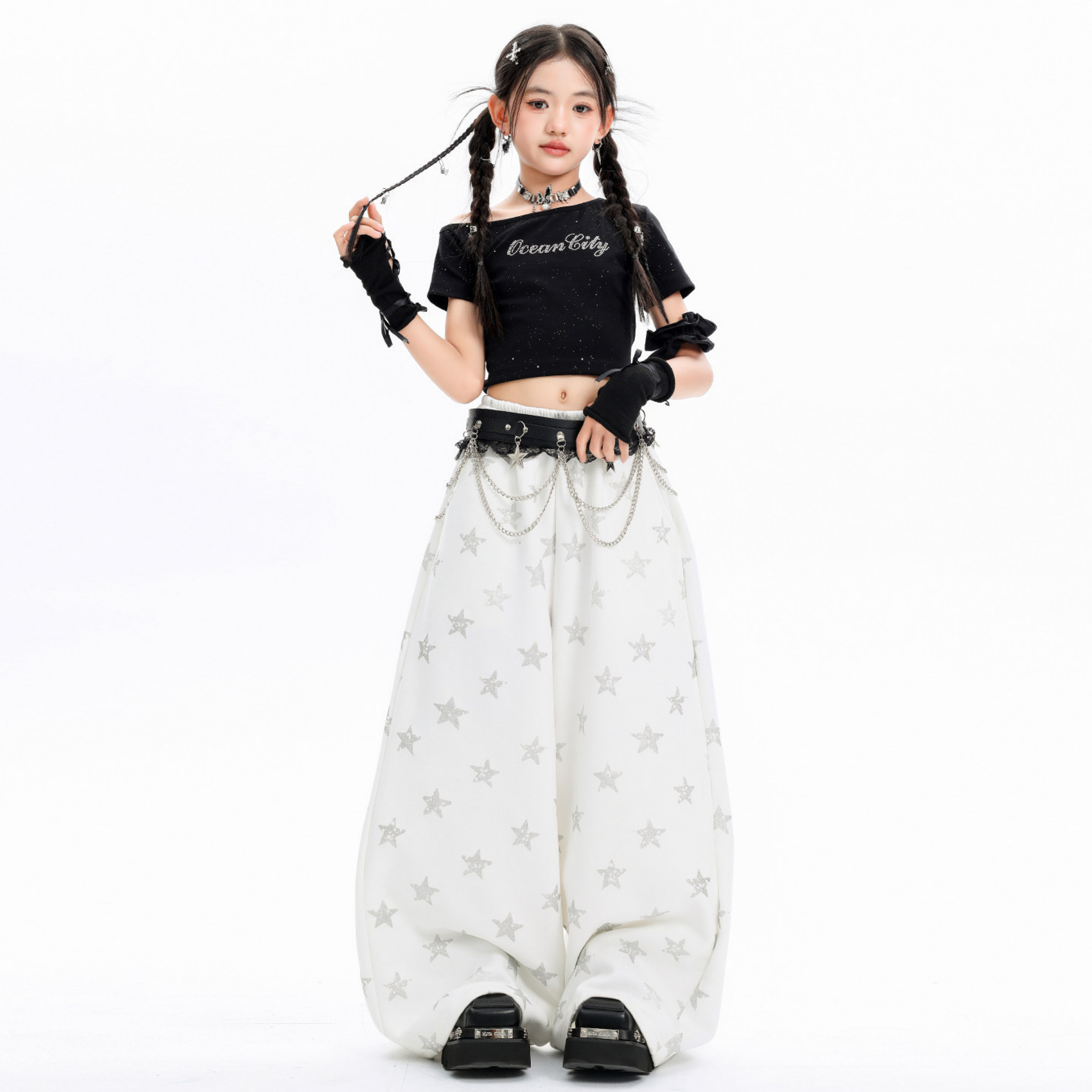 K-POP ブラックグリッター スターワイドパンツセットアップ キッズダンス衣装