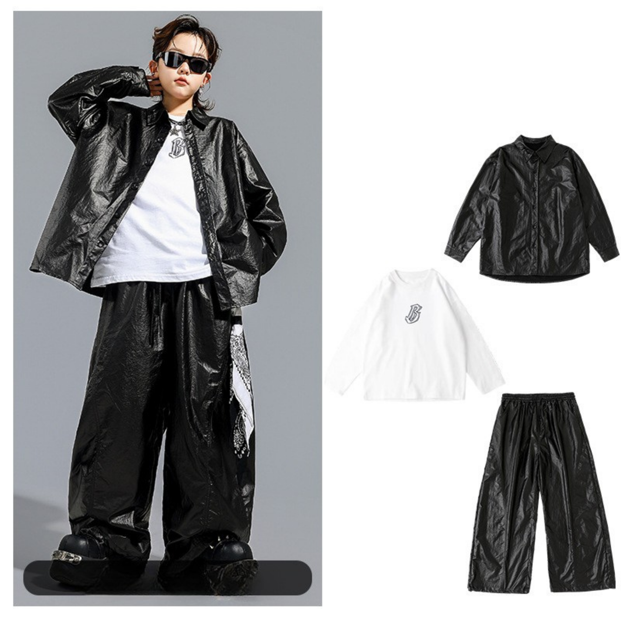STREET ブラックシャイニー ワイドパンツセットアップ キッズダンス衣装