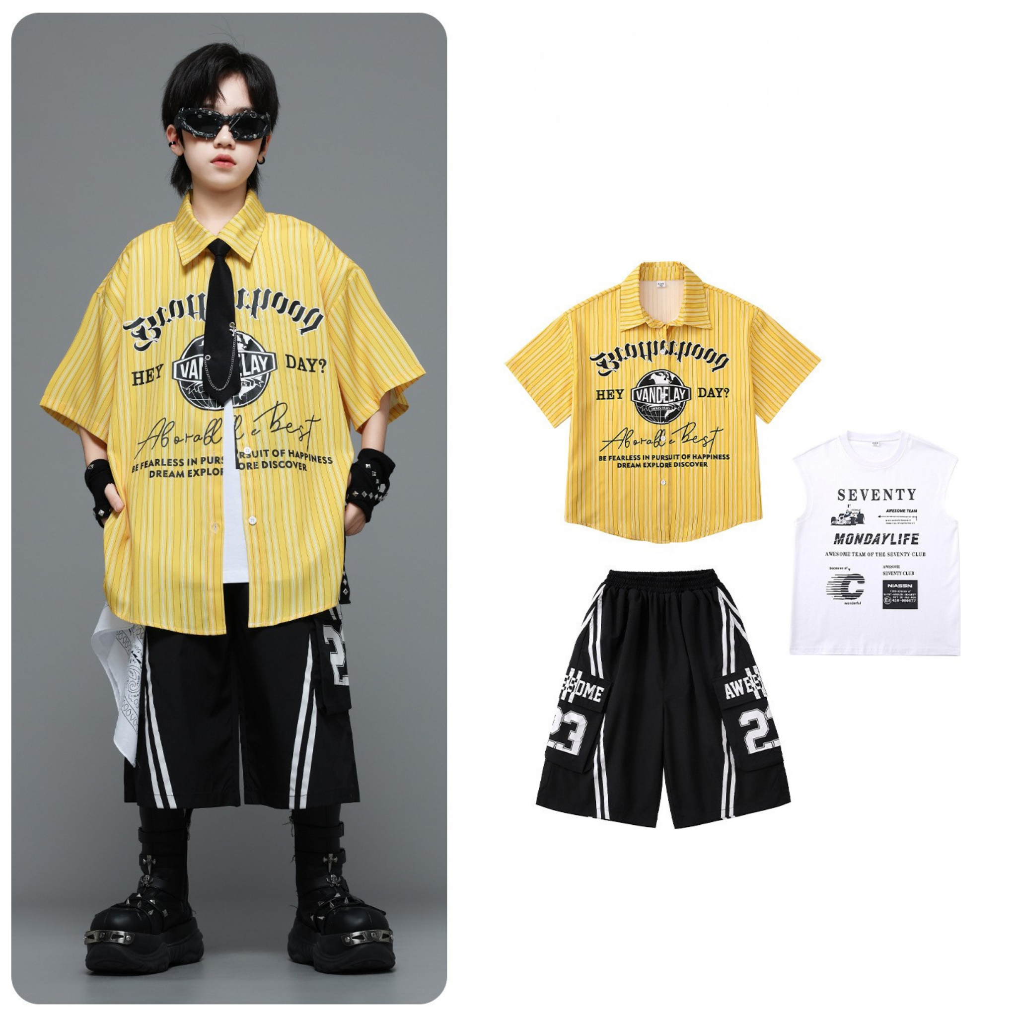 HIPHOP イエローストライプ ハーフパンツセットアップ キッズダンス衣装