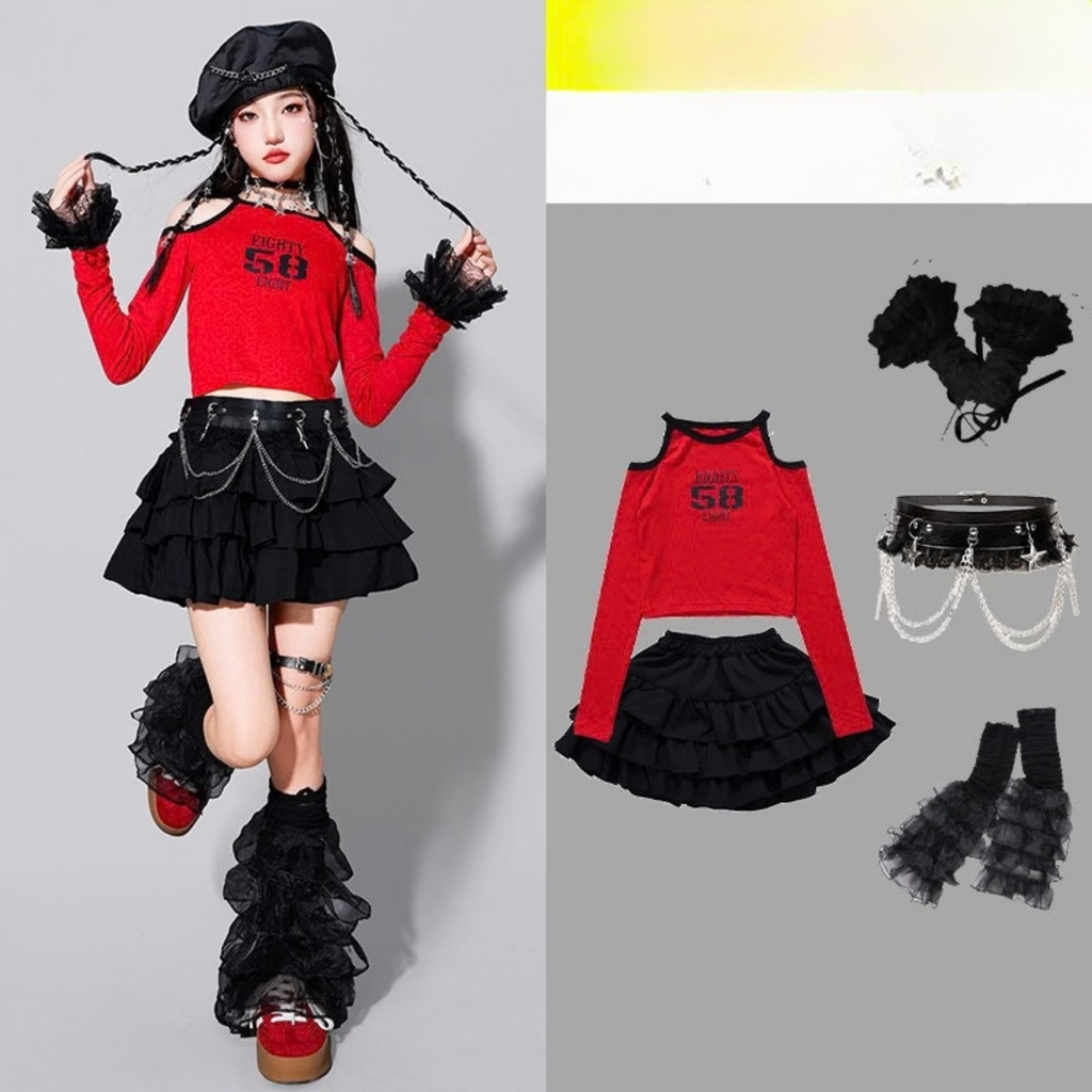 GIRLS レッド58グラフィック ティアードスカートセットアップ キッズダンス衣装｜商品イメージ2｜RAQS LUMINA