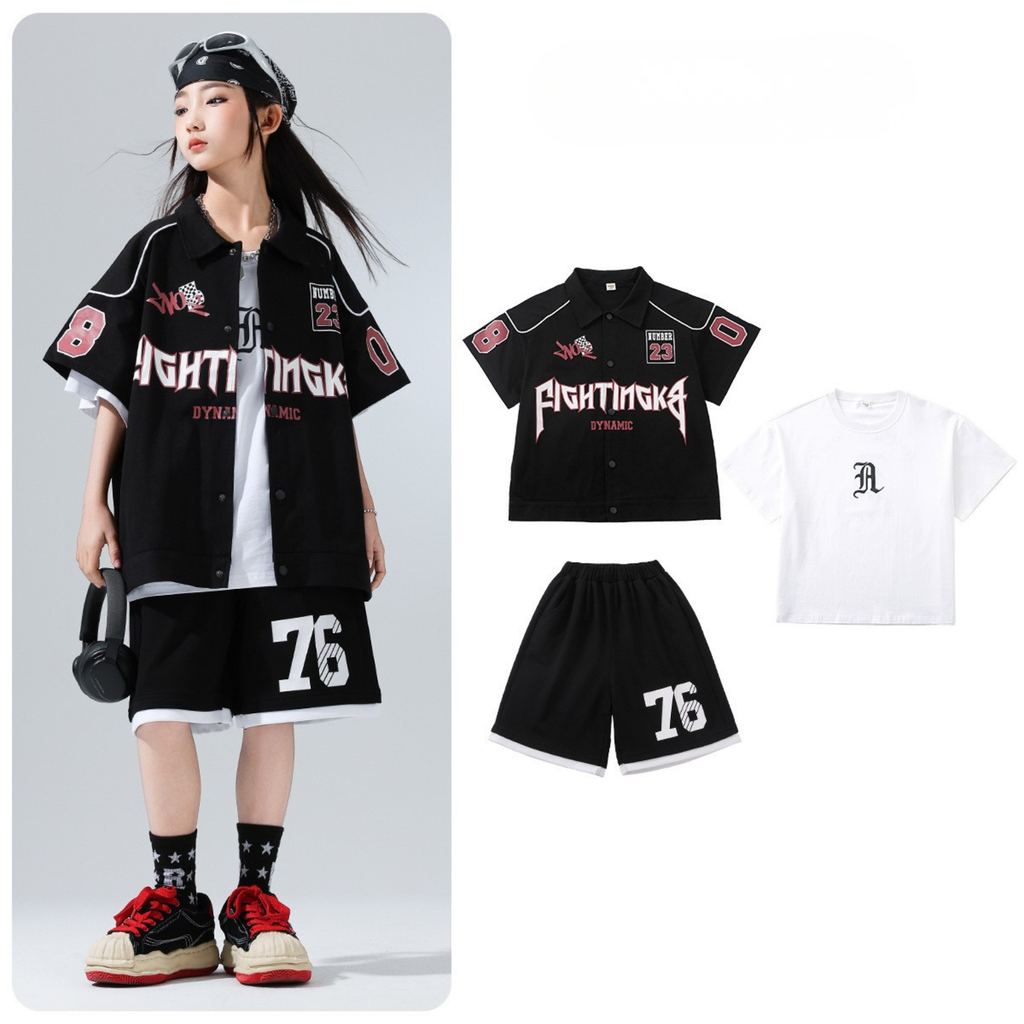 HIPHOP ブラックナンバー ハーフパンツセットアップ キッズダンス衣装