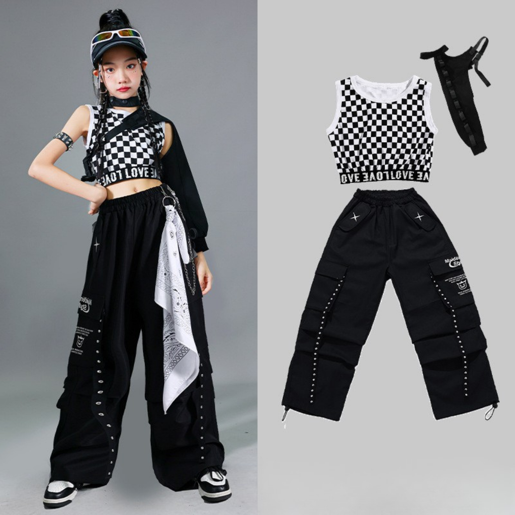 HIPHOP チェッカーブラック カーゴセットアップ キッズダンス衣装