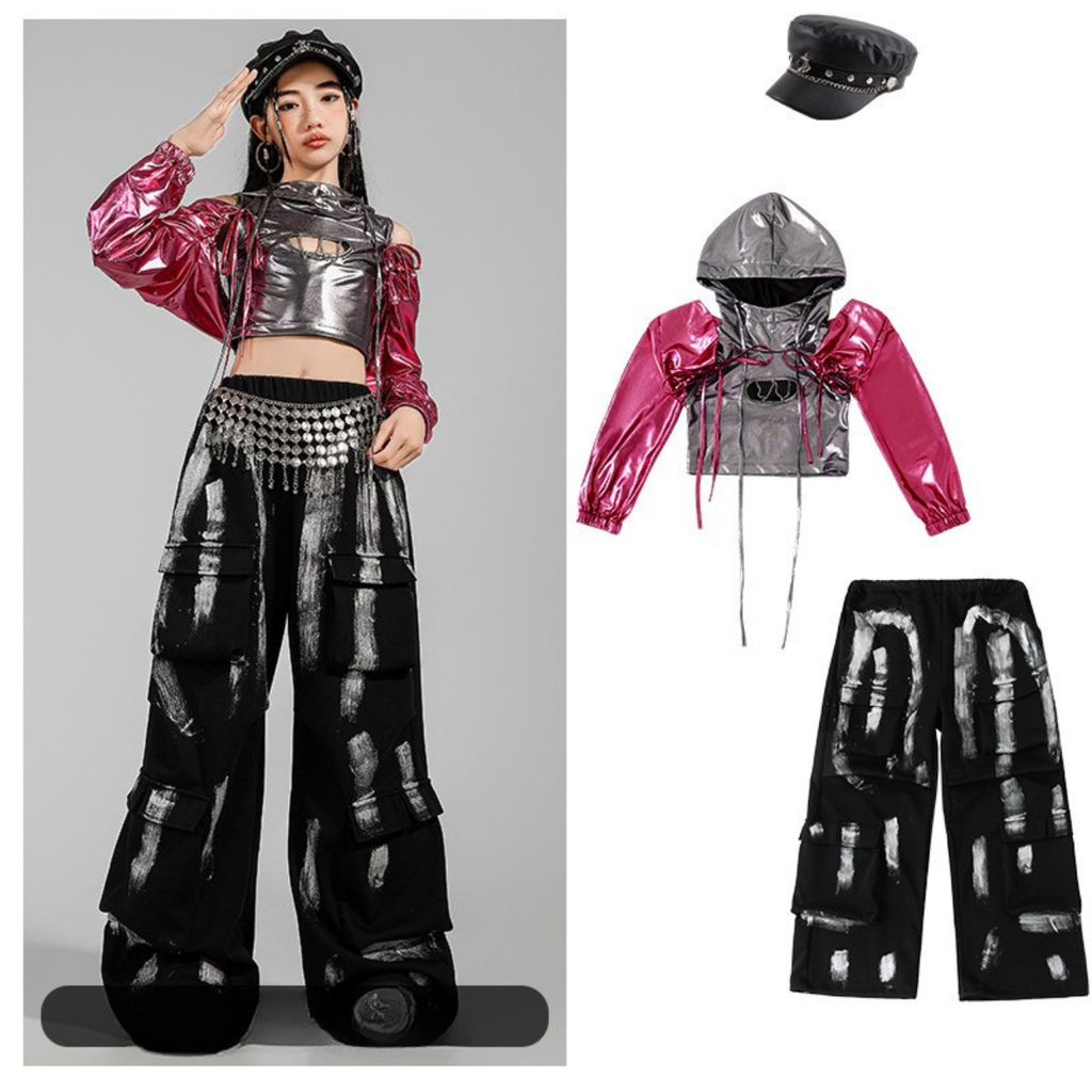 K-POP メタリックシルバー ピンクカーゴセットアップ キッズダンス衣装