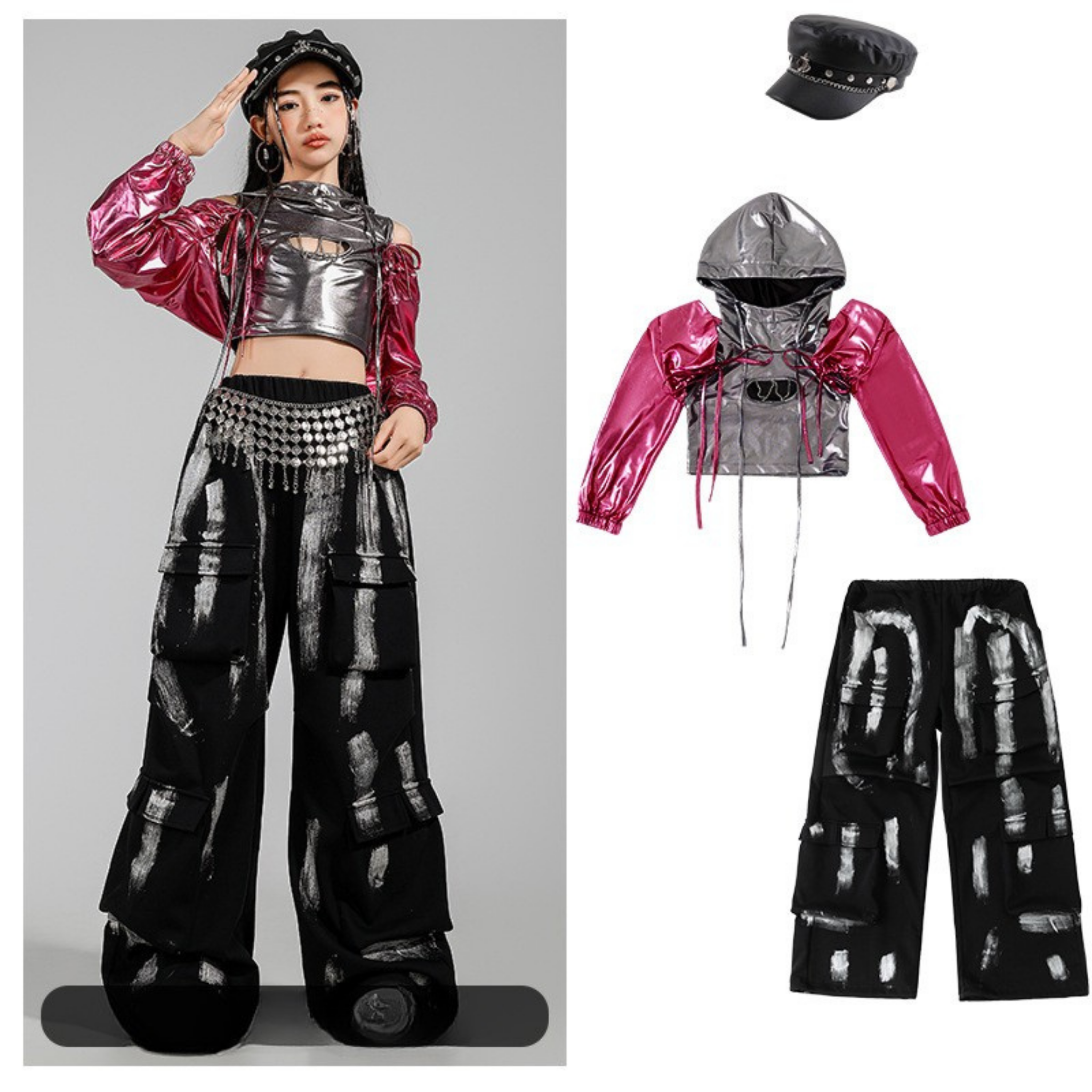 K-POP メタリックシルバー ピンクカーゴセットアップ キッズダンス衣装
