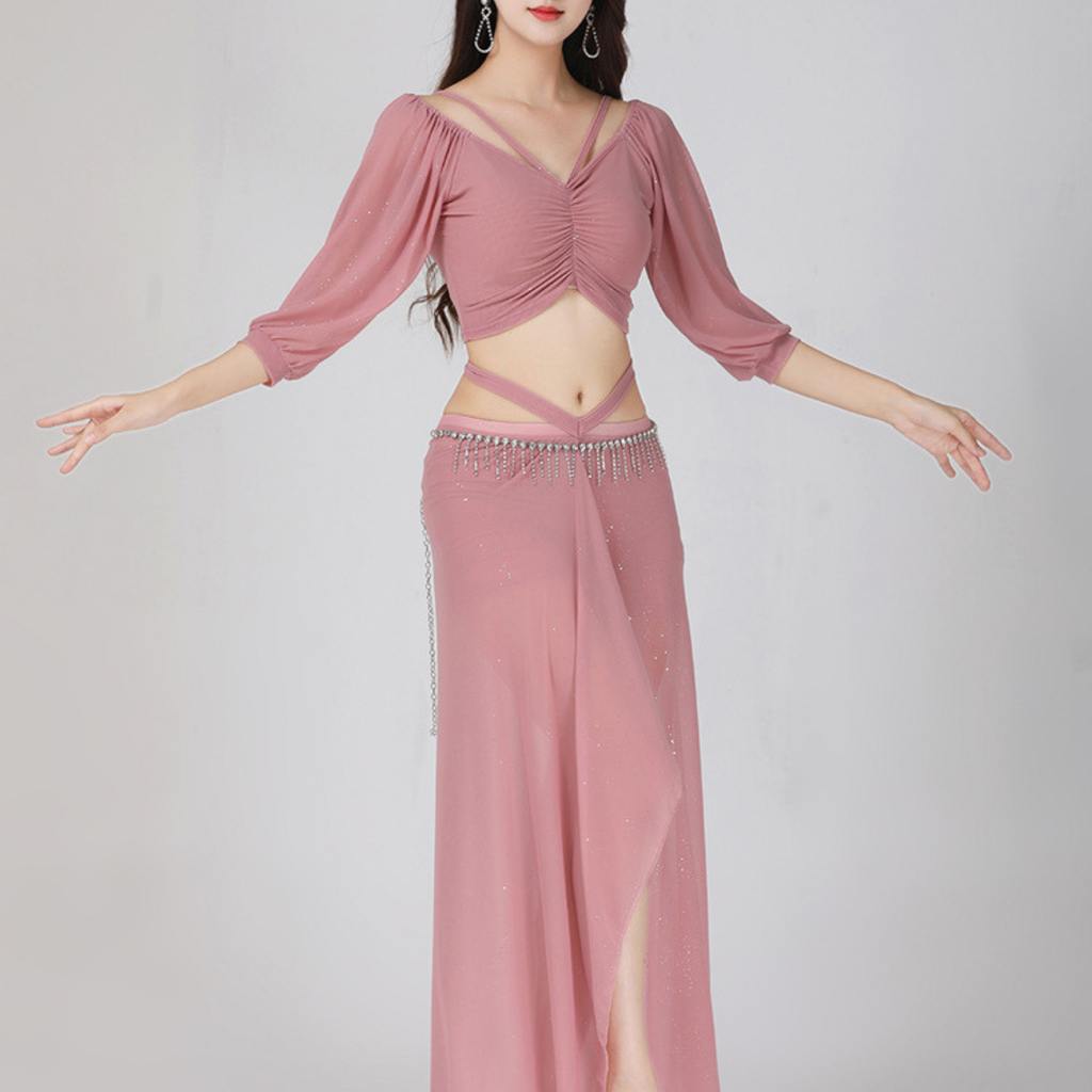 ベリーダンス　レッスンウェア　ラメ　メッシュ　ランタンスリーブ