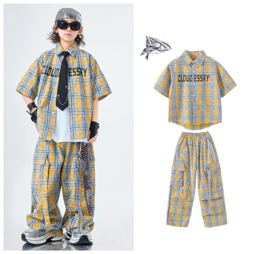 STREET イエローチェック ワイドパンツセットアップ キッズダンス衣装