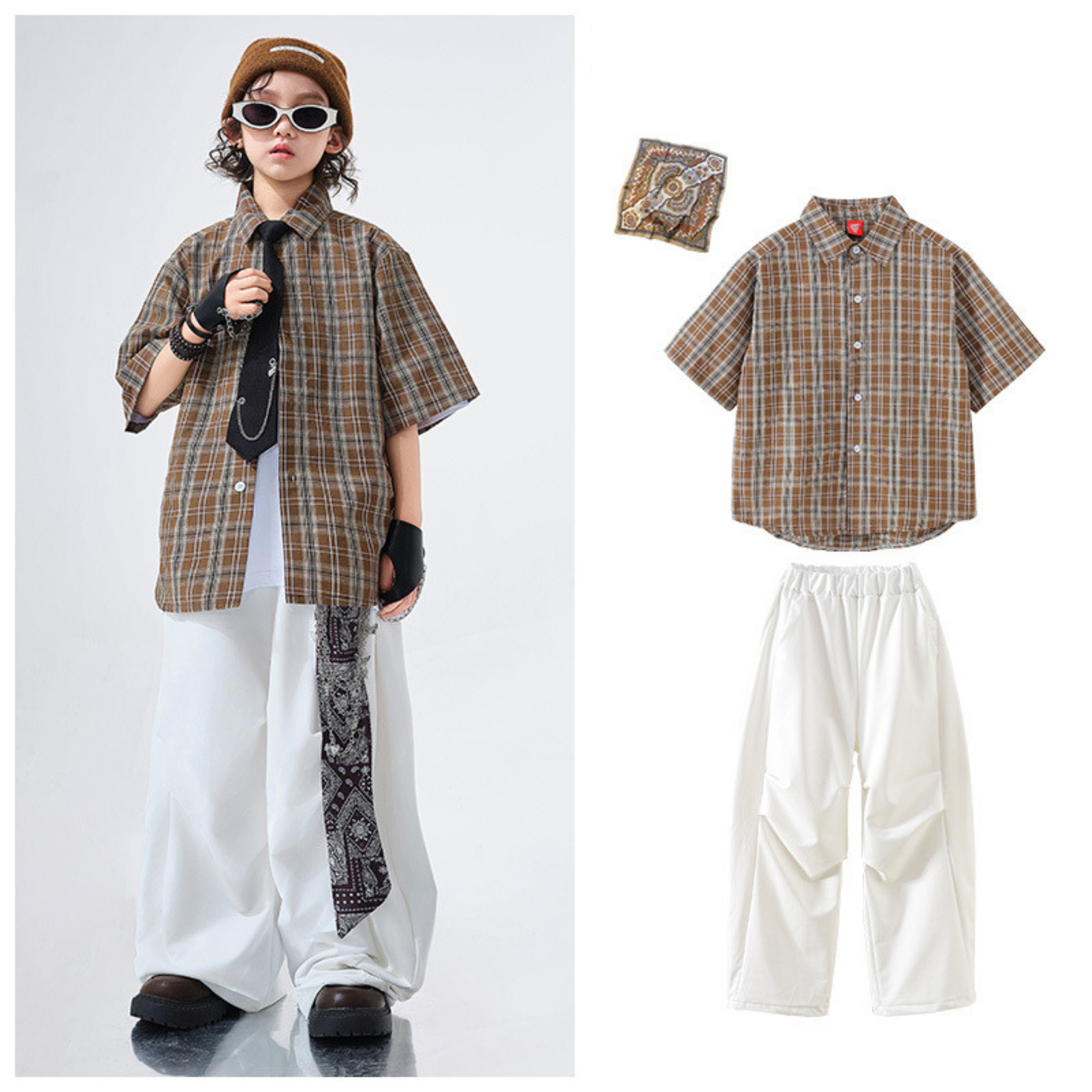 STREET ブラウンチェック ホワイトワイドパンツセットアップ キッズダンス衣装