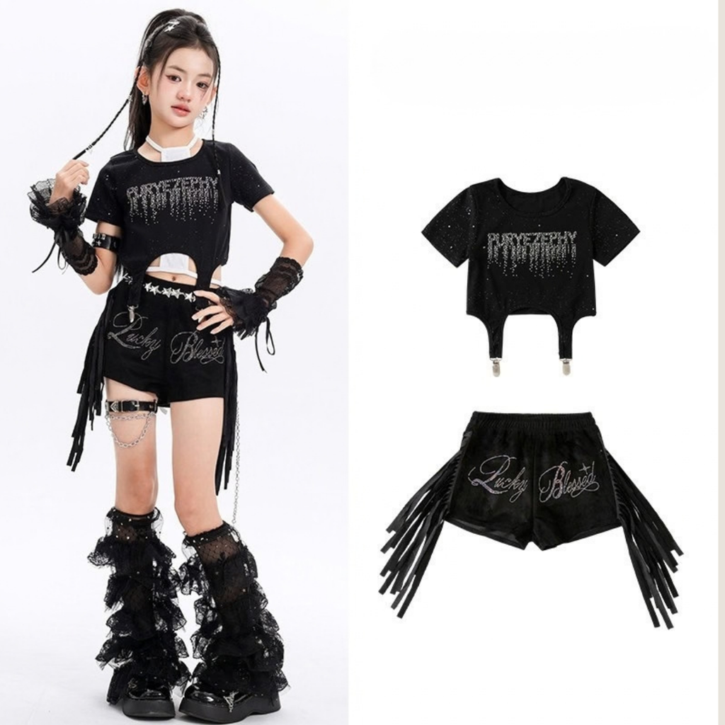 GIRLS ブラックラインストーン フリンジショートパンツセットアップ キッズダンス衣装 商品画像5