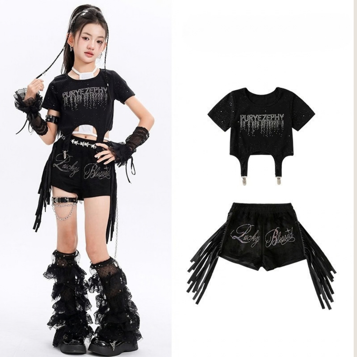 GIRLS ブラックラインストーン フリンジショートパンツセットアップ キッズダンス衣装 商品画像5