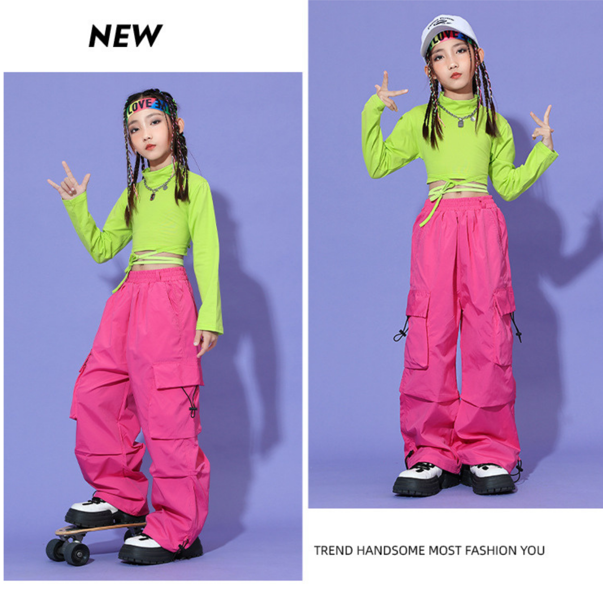 HIPHOP ネオンカラー カーゴパンツセットアップ キッズダンス衣装