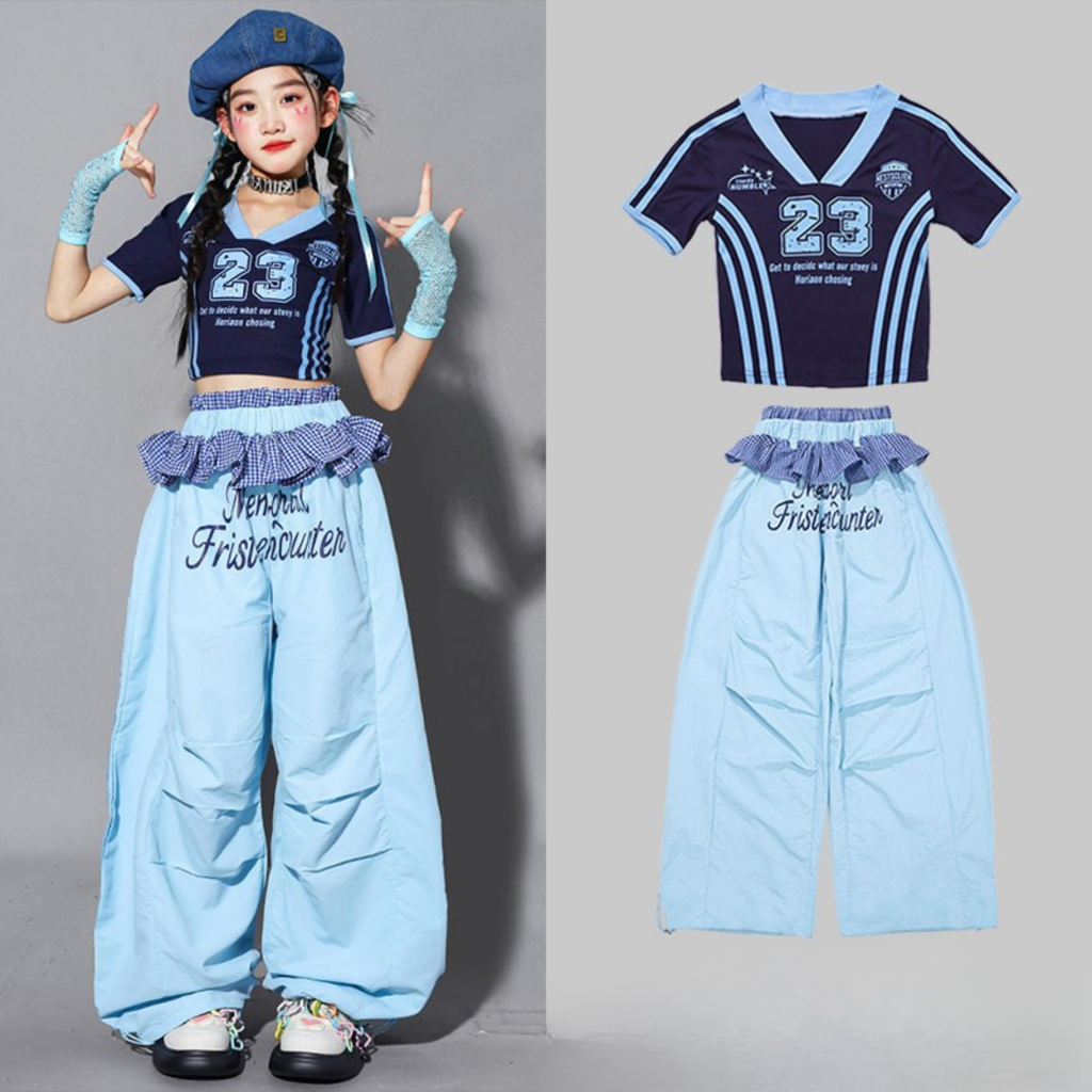 HIPHOP ライトブルーナンバー ワイドパンツセットアップ キッズダンス衣装