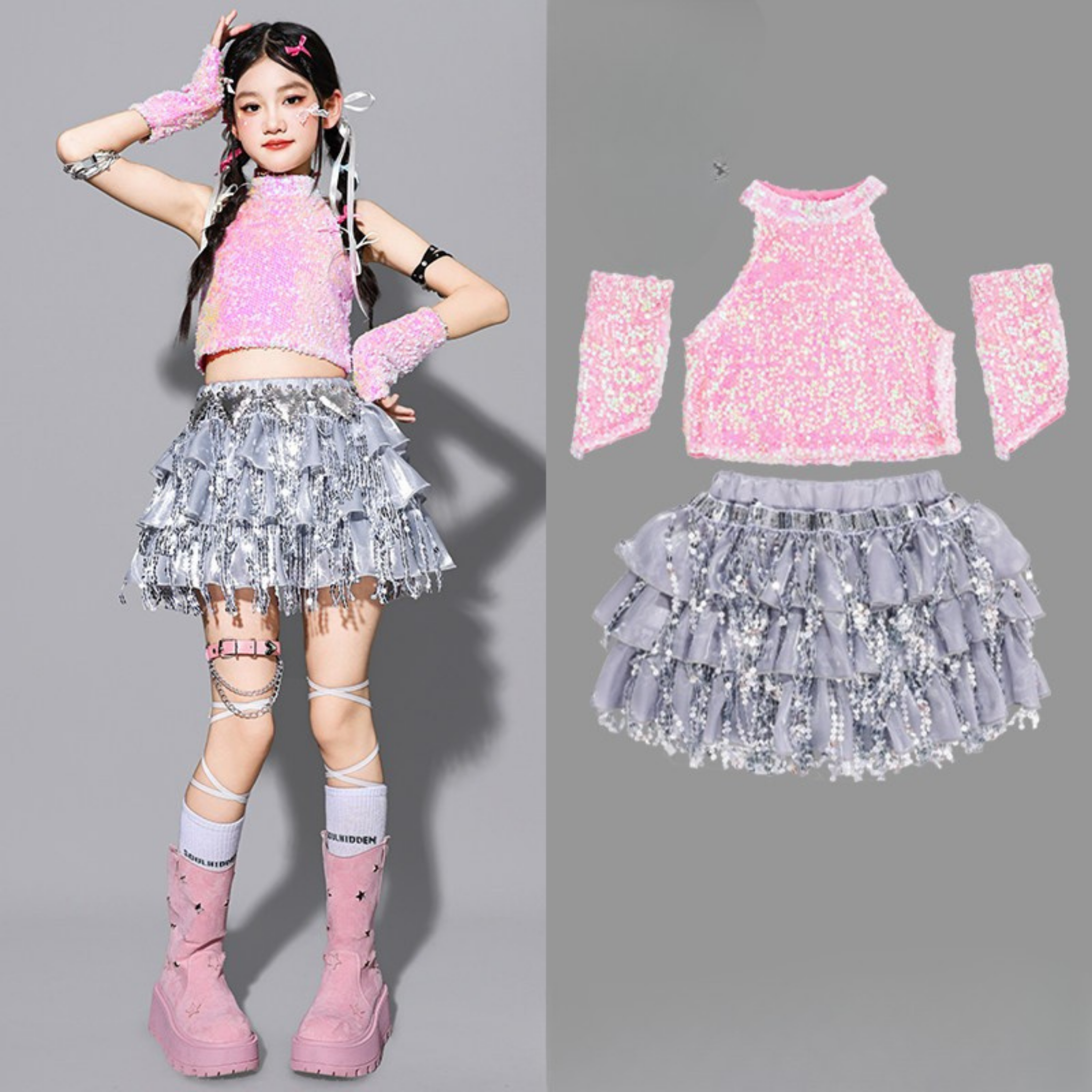 GIRLS ピンクシルバー スパンコールフリルセットアップ キッズダンス衣装