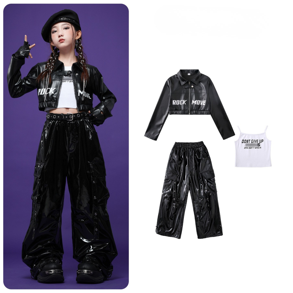 HIPHOP メタリックレザー カーゴセットアップ キッズダンス衣装