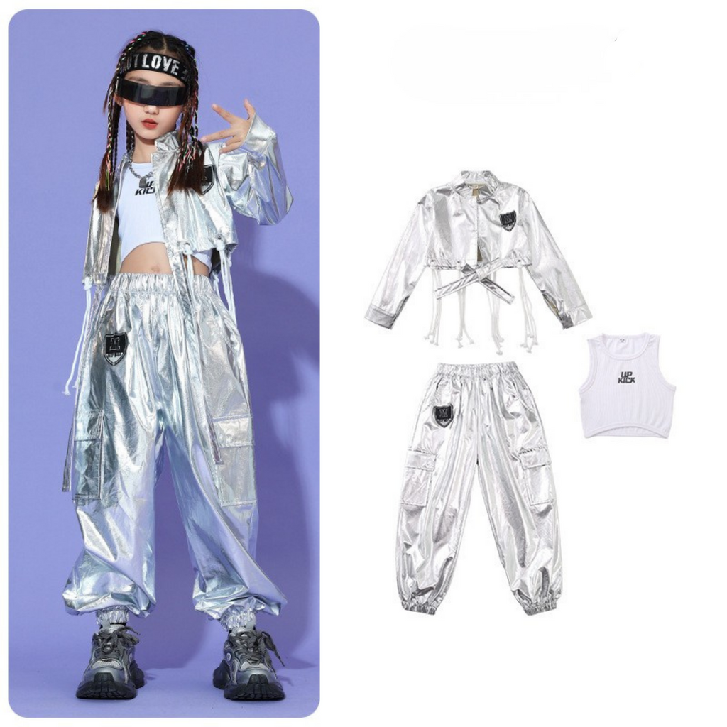 HIPHOP メタリックシルバー カーゴセットアップ キッズダンス衣装