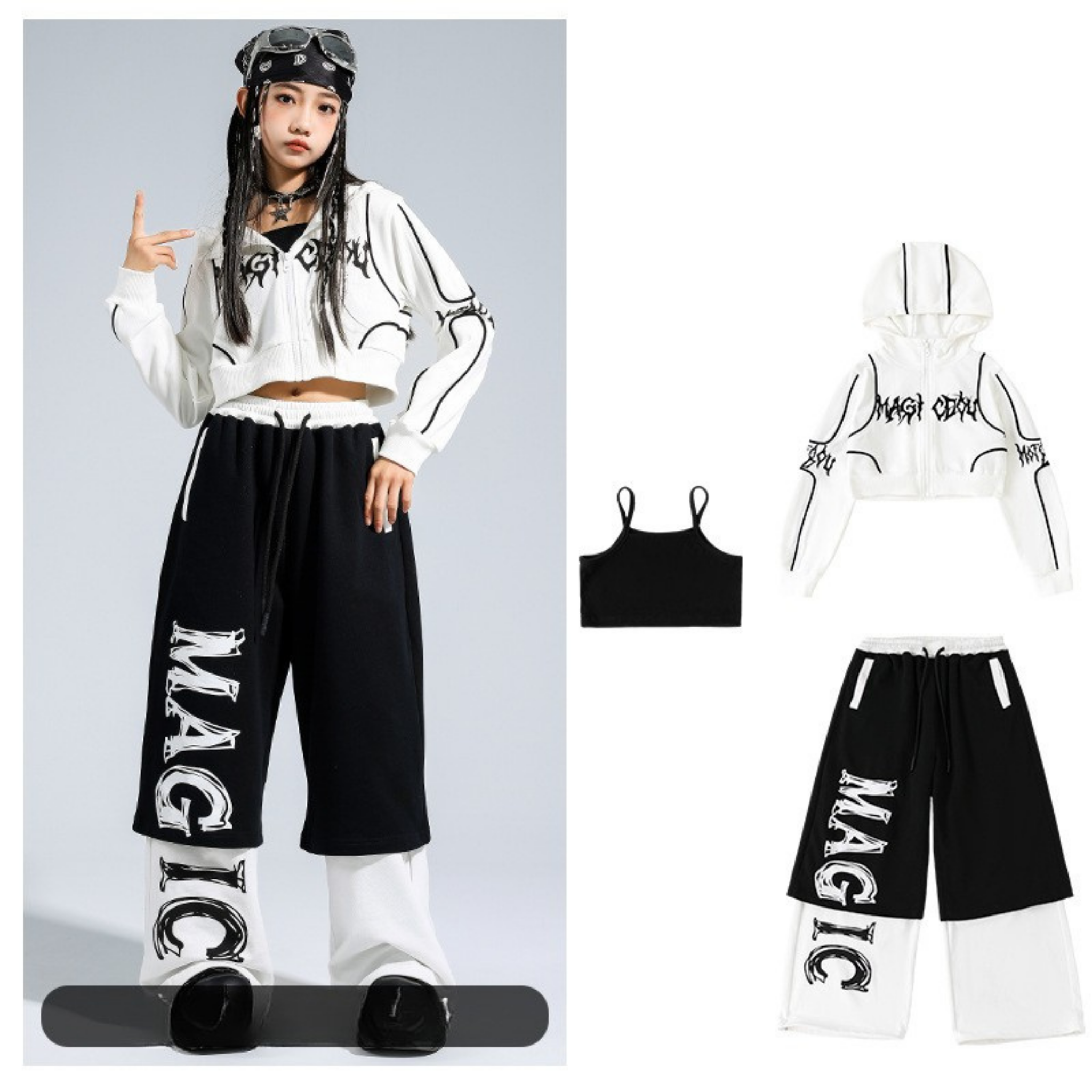 STREET ホワイトグラフィック レイヤードワイドパンツセットアップ キッズダンス衣装