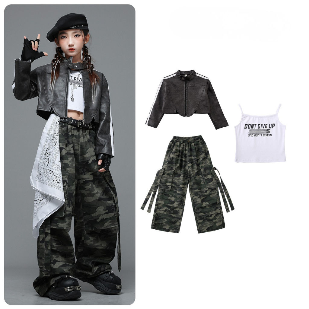 STREET ブラックジャケット カモフラージュワイドパンツセットアップ キッズダンス衣装