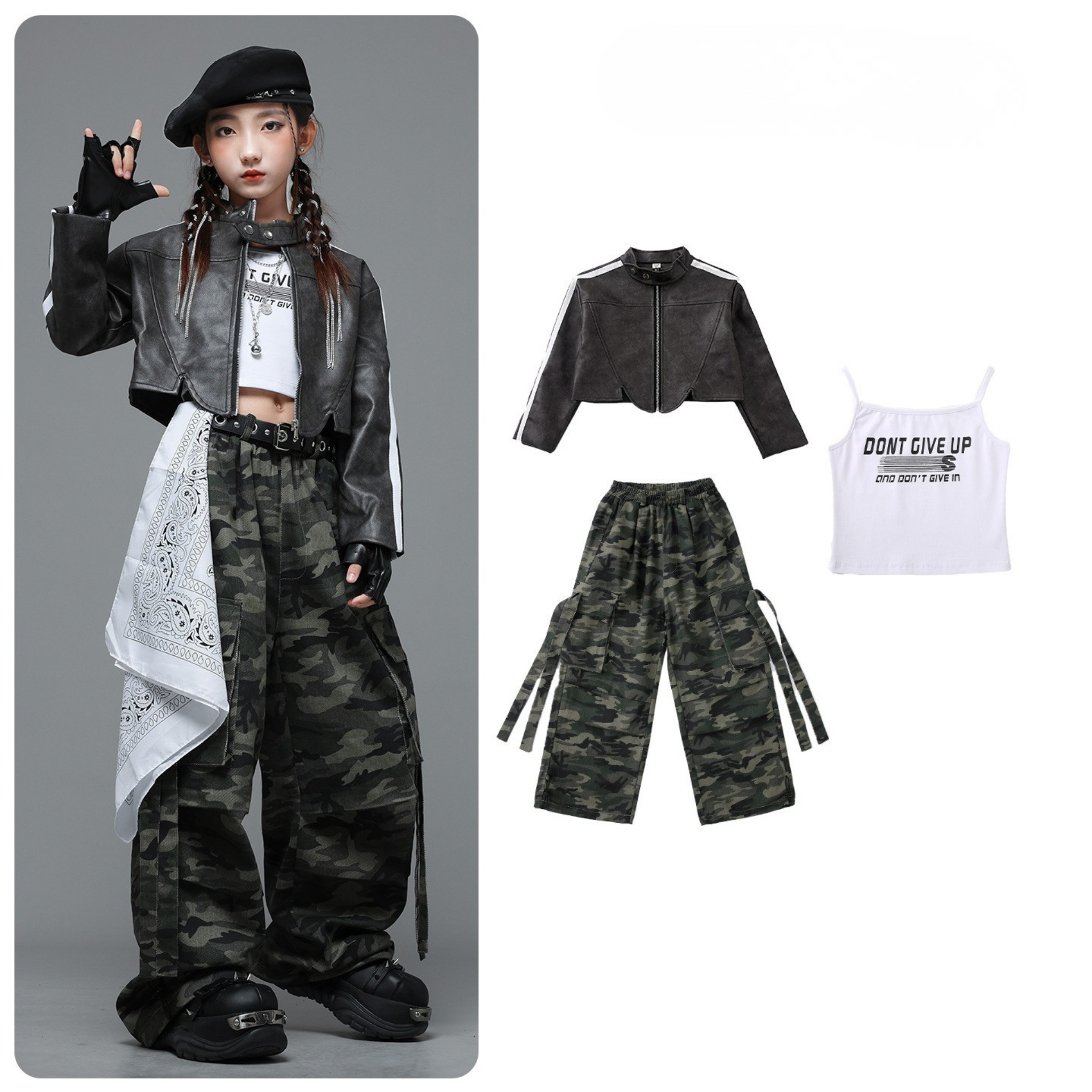 STREET ブラックジャケット カモフラージュワイドパンツセットアップ キッズダンス衣装