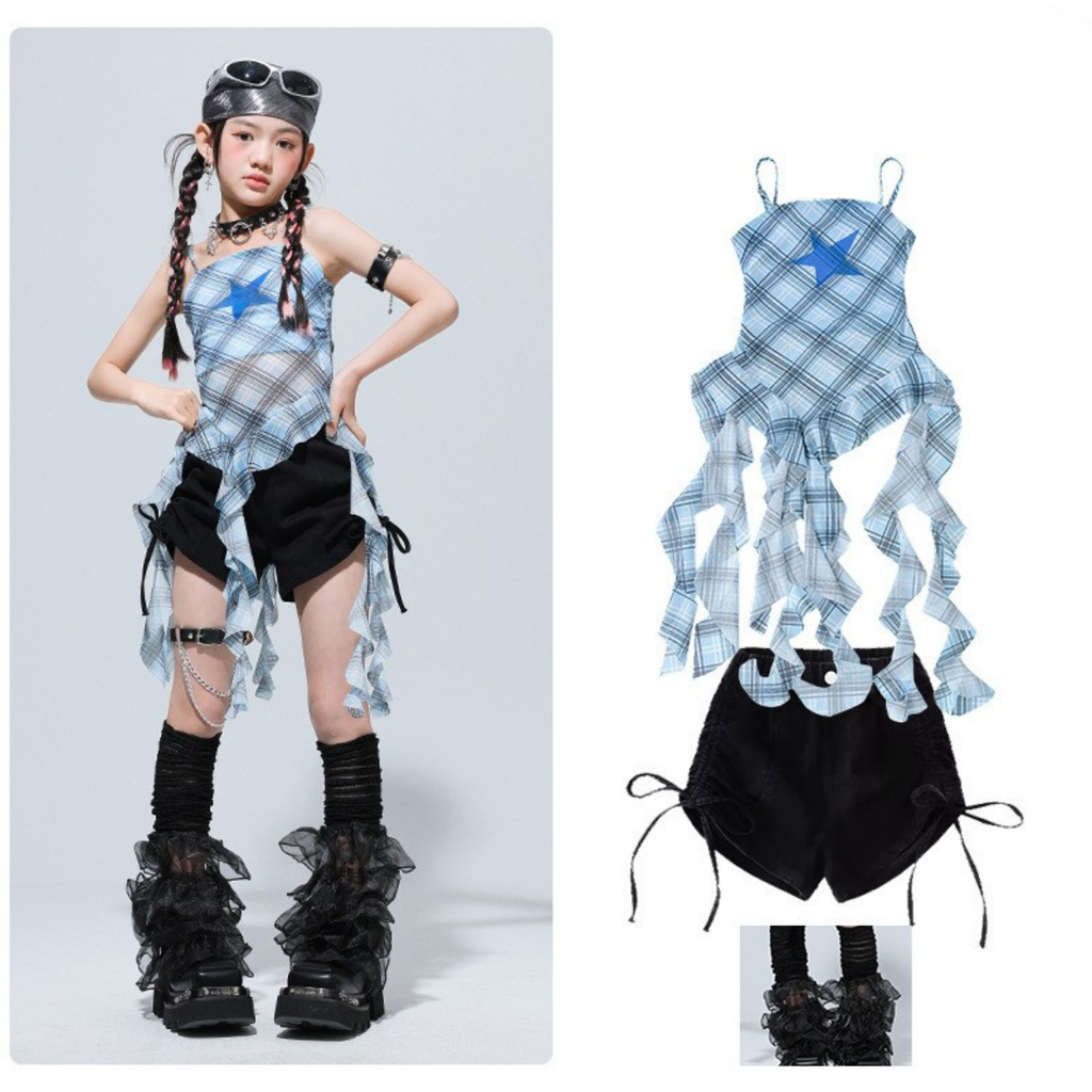 GIRLS ブルーチェック フリルショートパンツセットアップ キッズダンス衣装 商品画像4