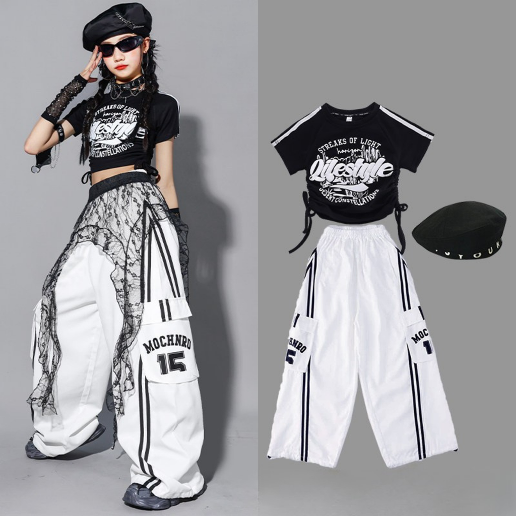 HIPHOP ブラックロゴ ホワイトワイドパンツセットアップ キッズダンス衣装