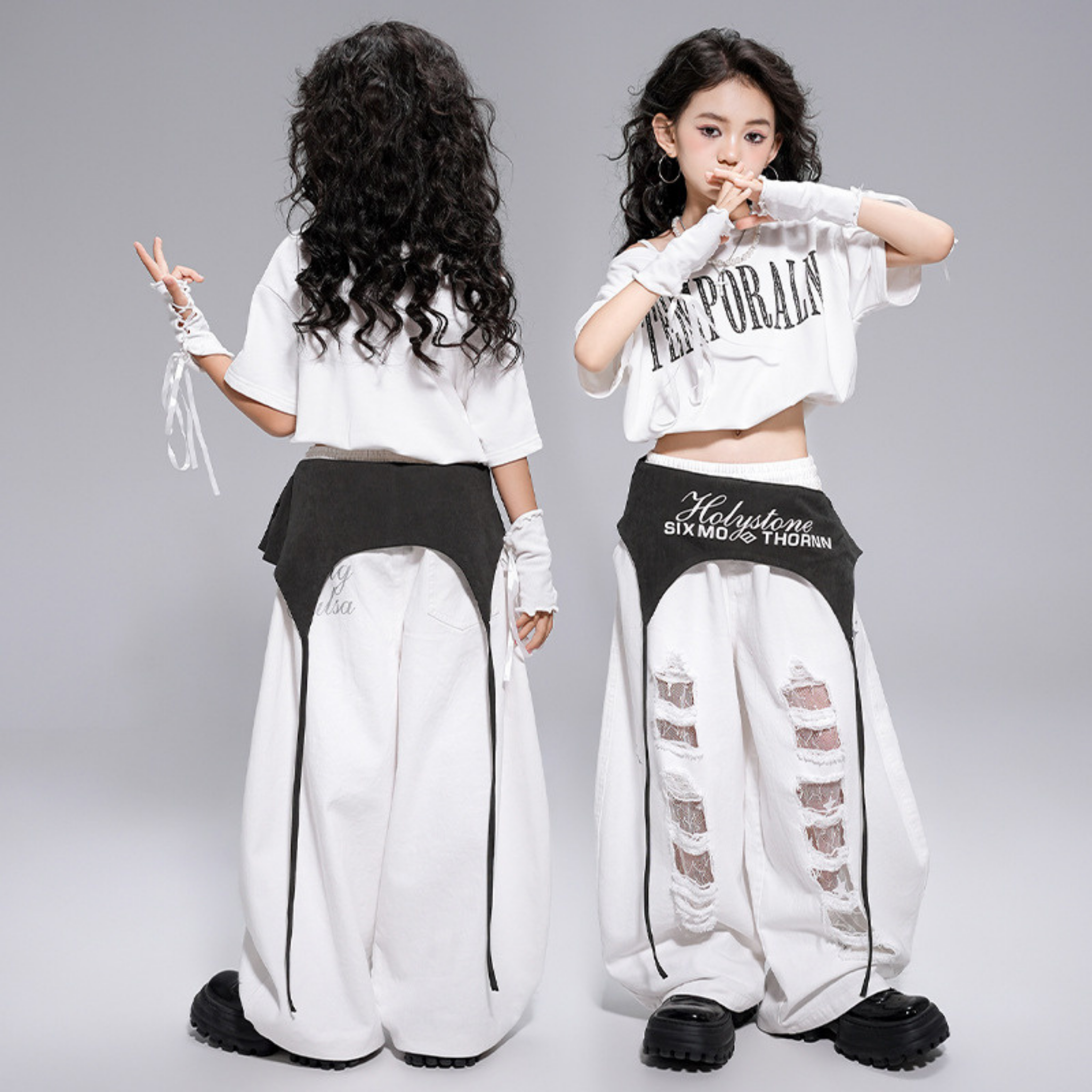 HIPHOP ホワイトダメージ ワイドパンツセットアップ キッズダンス衣装