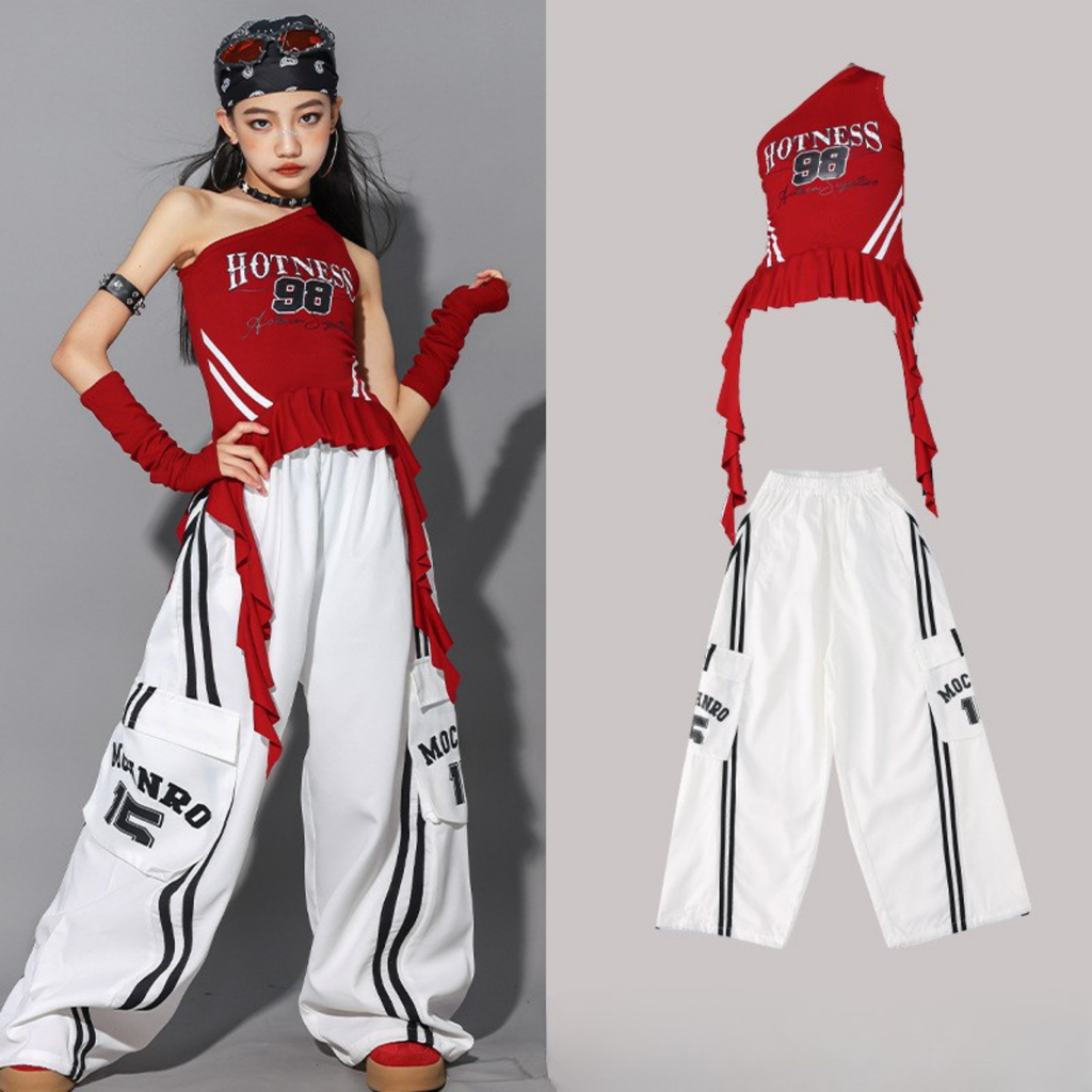 GIRLS レッドワンショルダー カーゴパンツセットアップ キッズダンス衣装