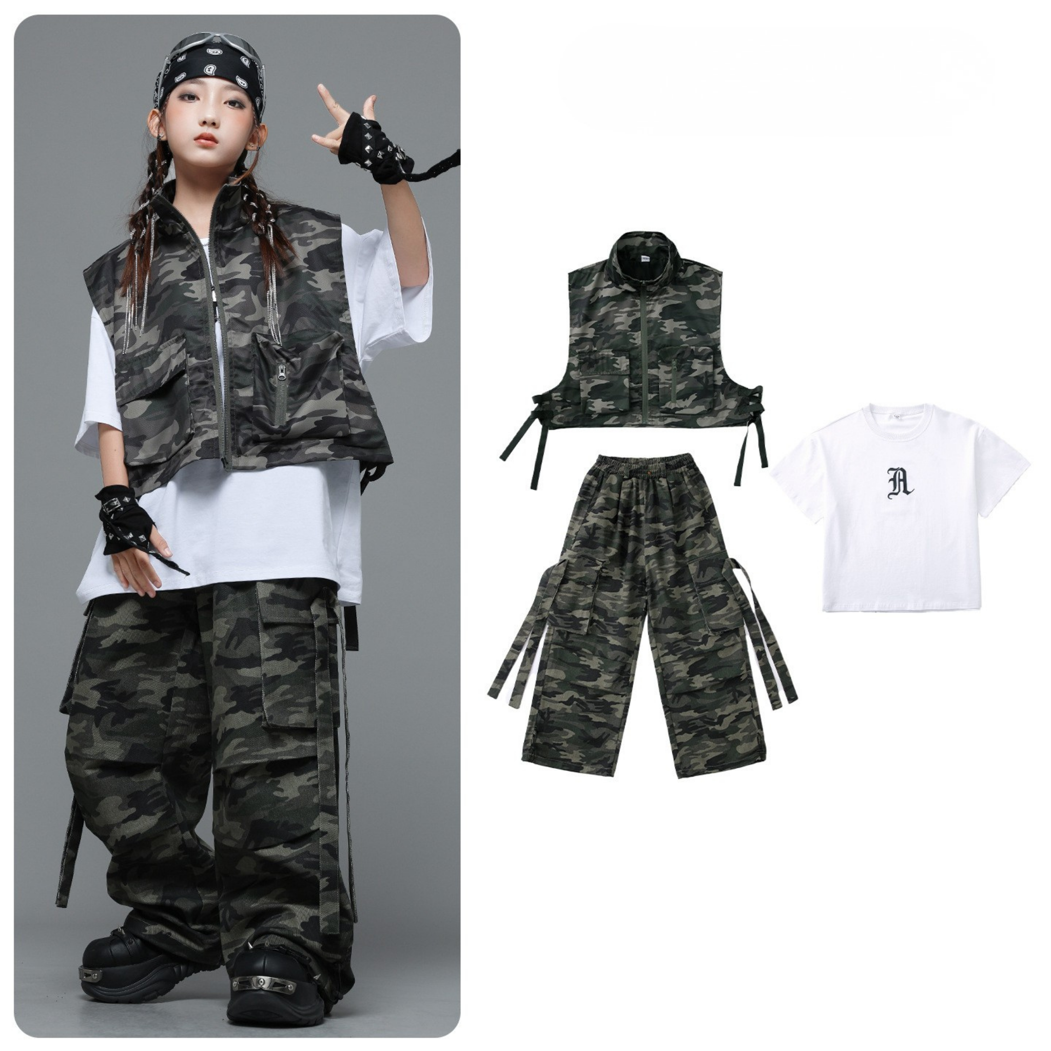 HIPHOP カモフラージュ ワイドパンツセットアップ キッズダンス衣装