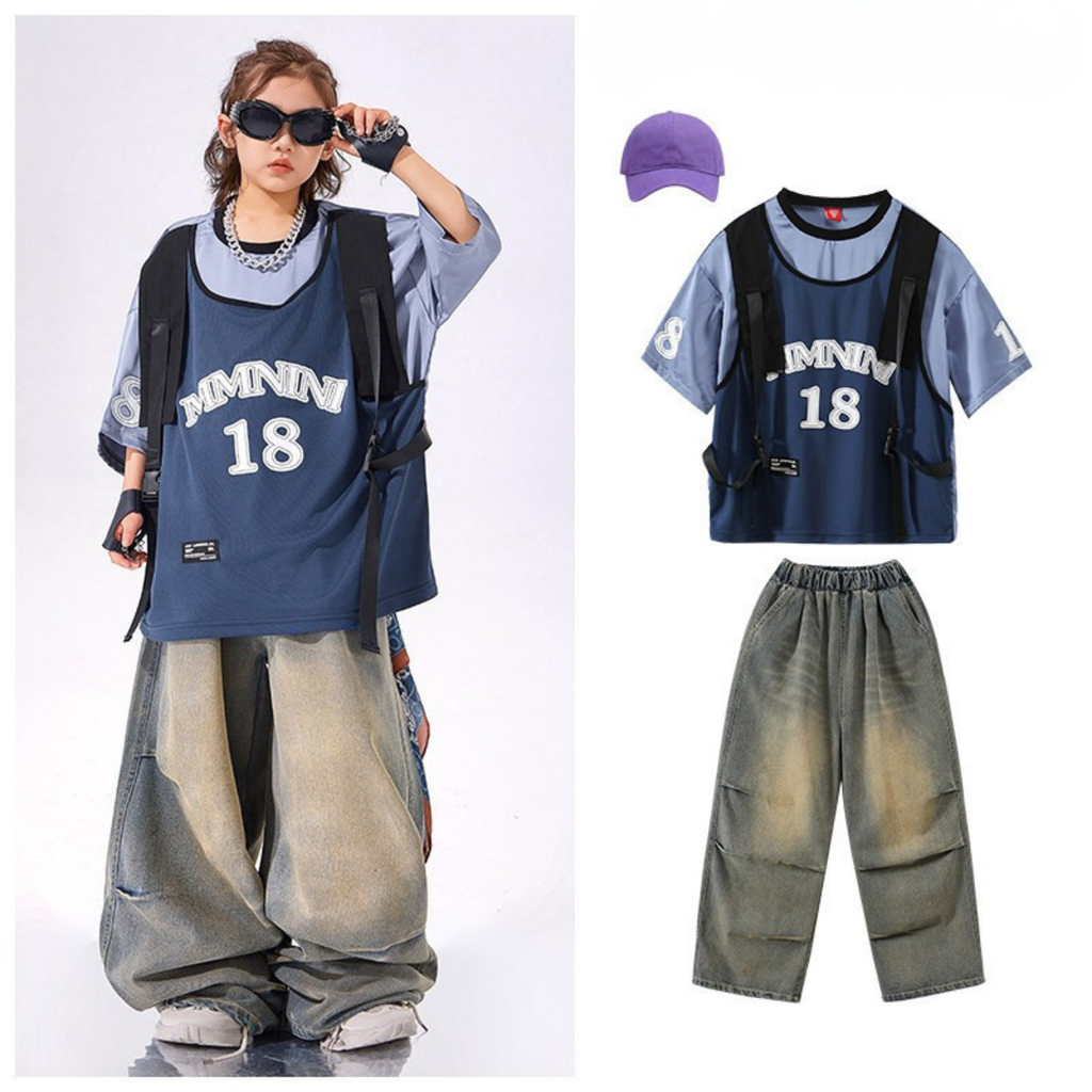 STREET ブルーナンバー デニムワイドパンツセットアップ キッズダンス衣装