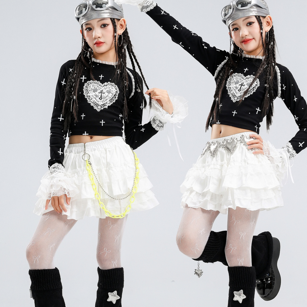 GIRLS ブラックハート ホワイトティアードスカートセットアップ キッズダンス衣装 商品画像4