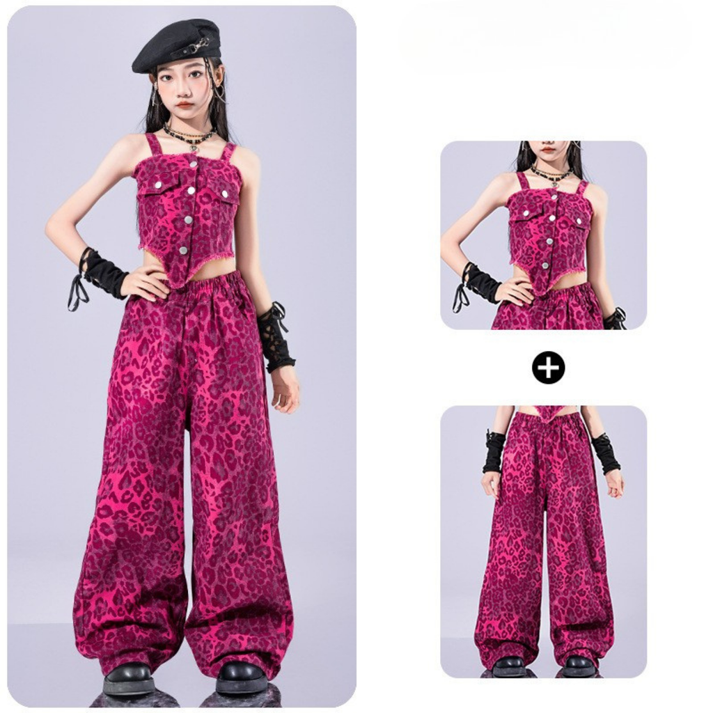 GIRLS ピンクレオパード ステージセットアップ キッズダンス衣装