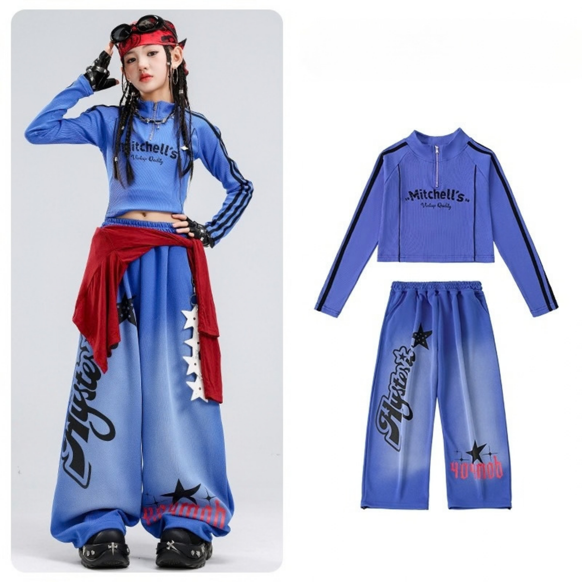 HIPHOP ブルーグラフィック ワイドパンツセットアップ キッズダンス衣装 着用イメージ2