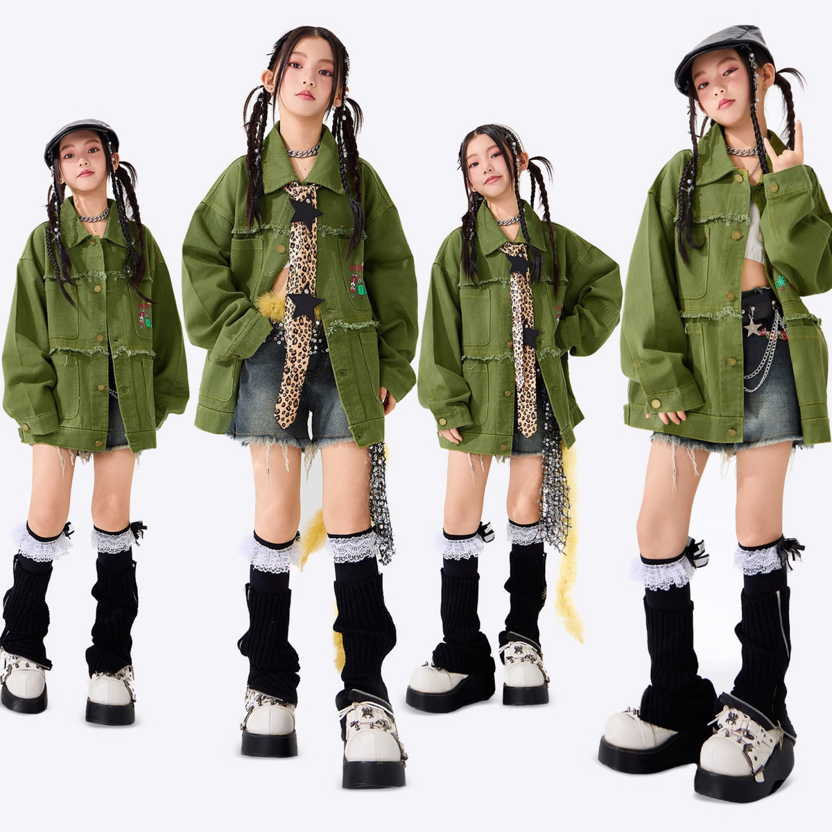 カーキフリンジ×デニムショートパンツのHIPHOPキッズダンス衣装 着用イメージ