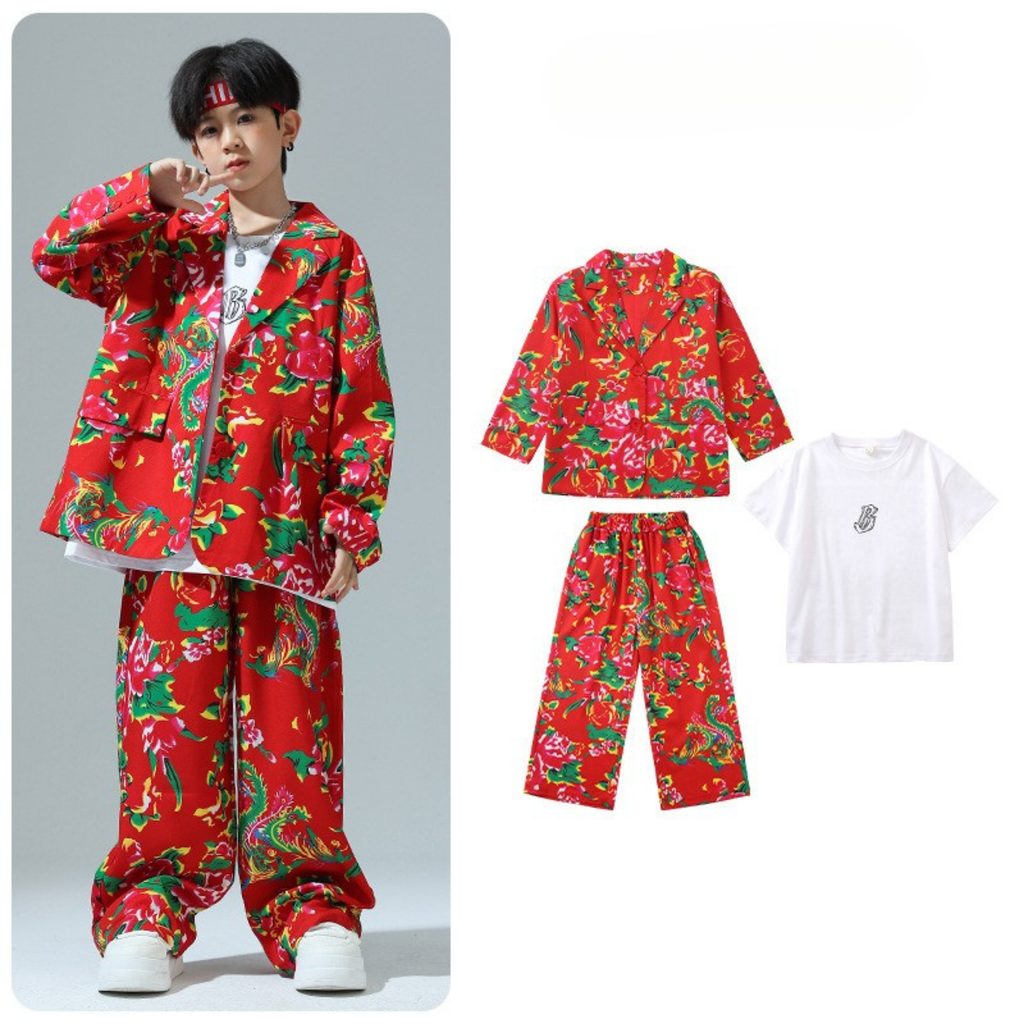 HIPHOP レッドフラワー セットアップ キッズダンス衣装