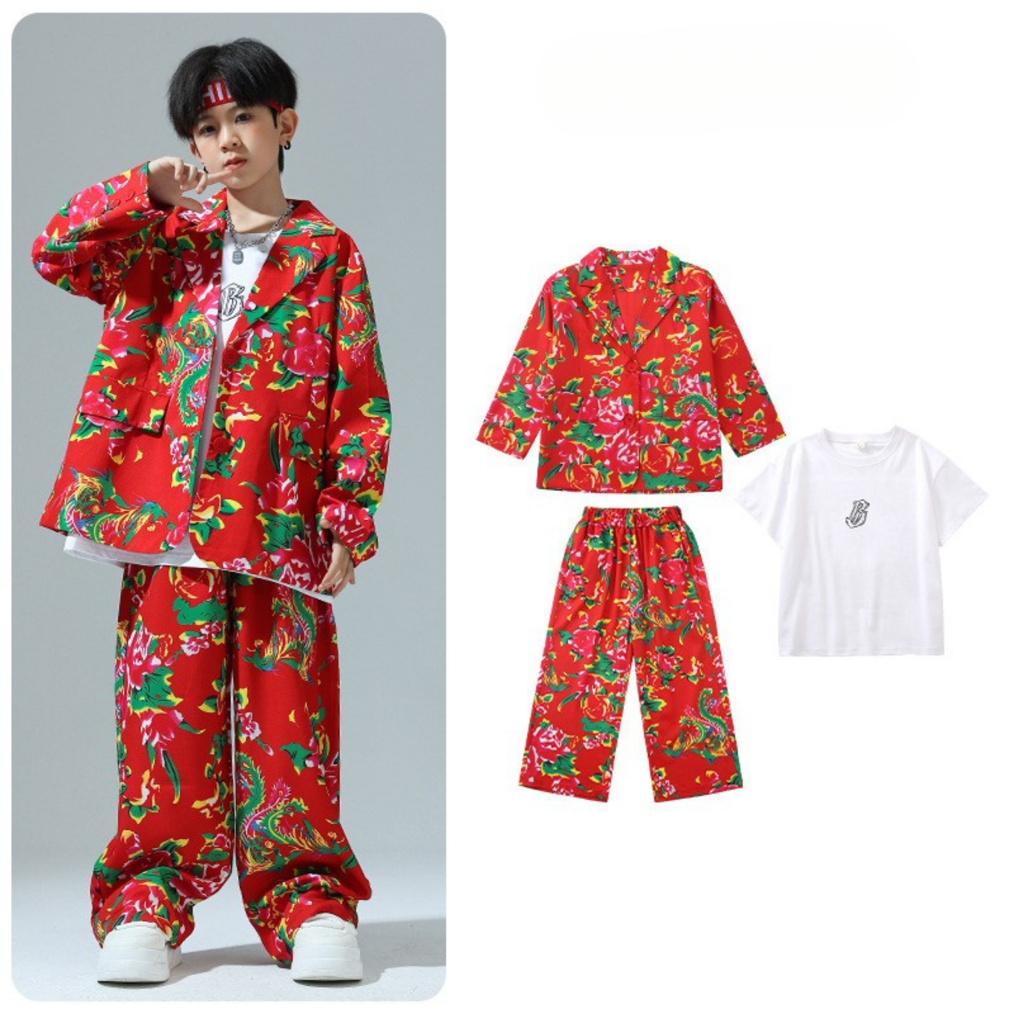 HIPHOP レッドフラワー セットアップ キッズダンス衣装