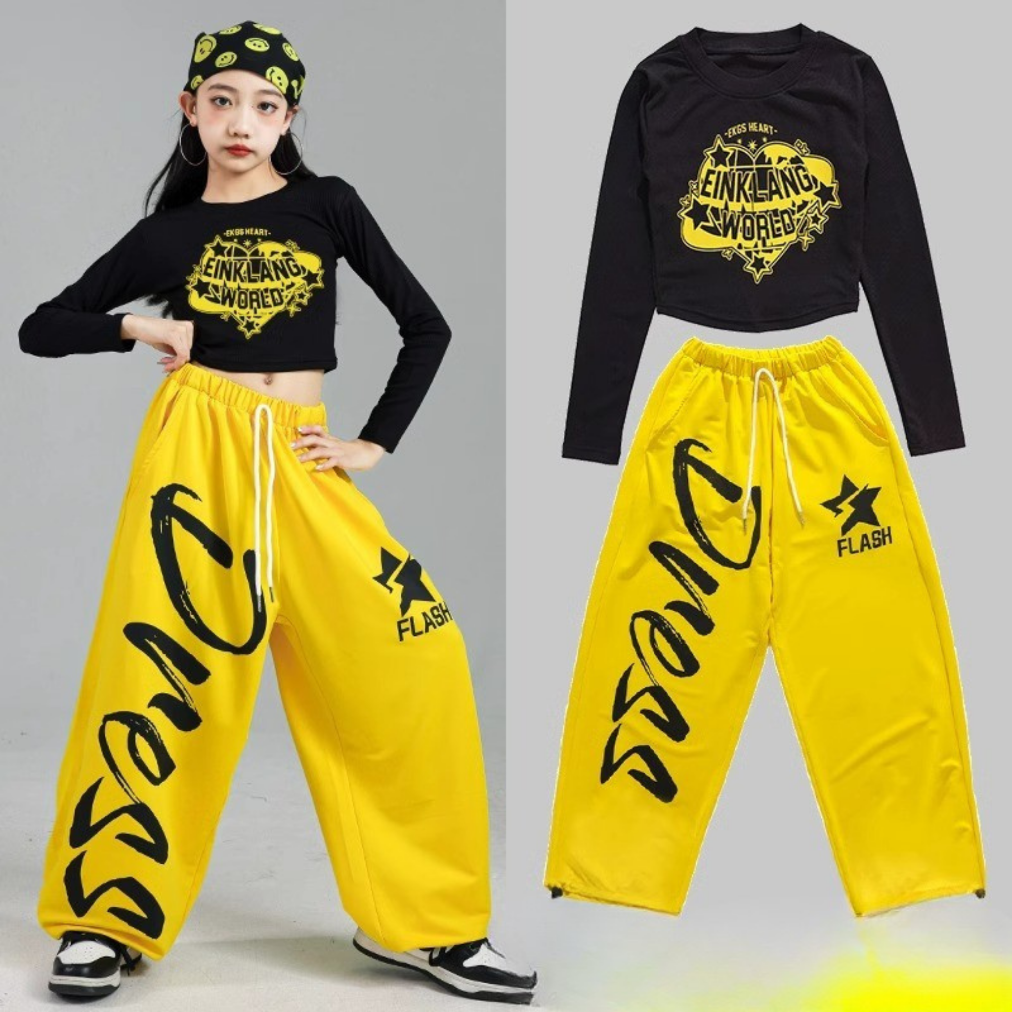 HIPHOP ブラックイエロー ワイドパンツセットアップ キッズダンス衣装