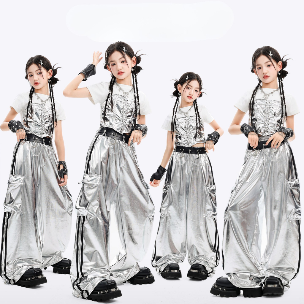K-POP メタリックシルバー ワイドパンツセットアップ キッズダンス衣装