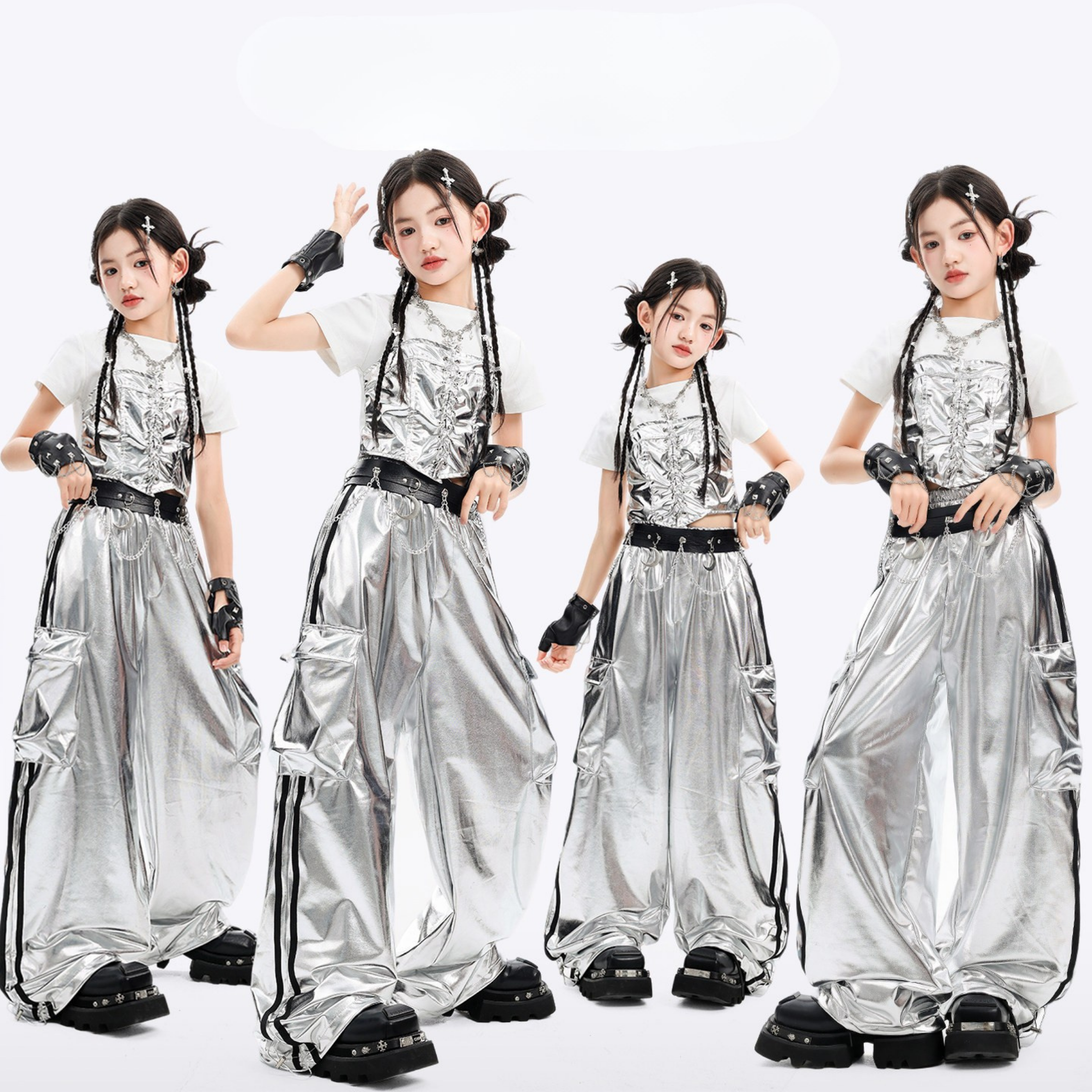 K-POP メタリックシルバー ワイドパンツセットアップ キッズダンス衣装