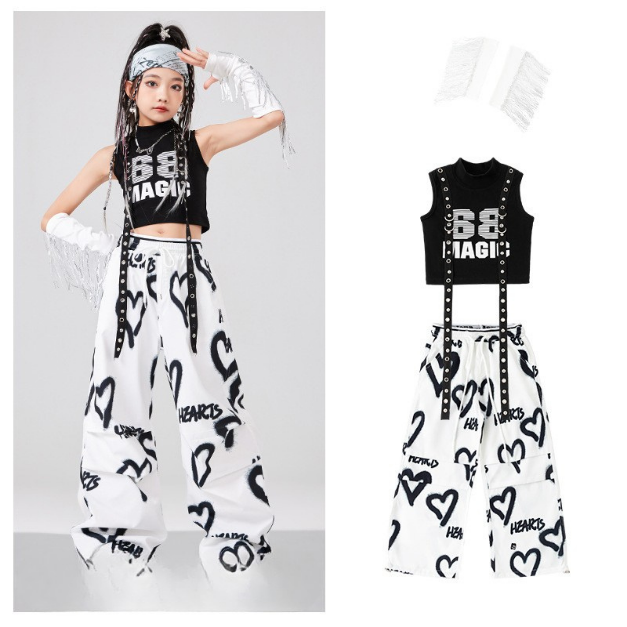 HIPHOP ブラックハート ワイドパンツセットアップ キッズダンス衣装