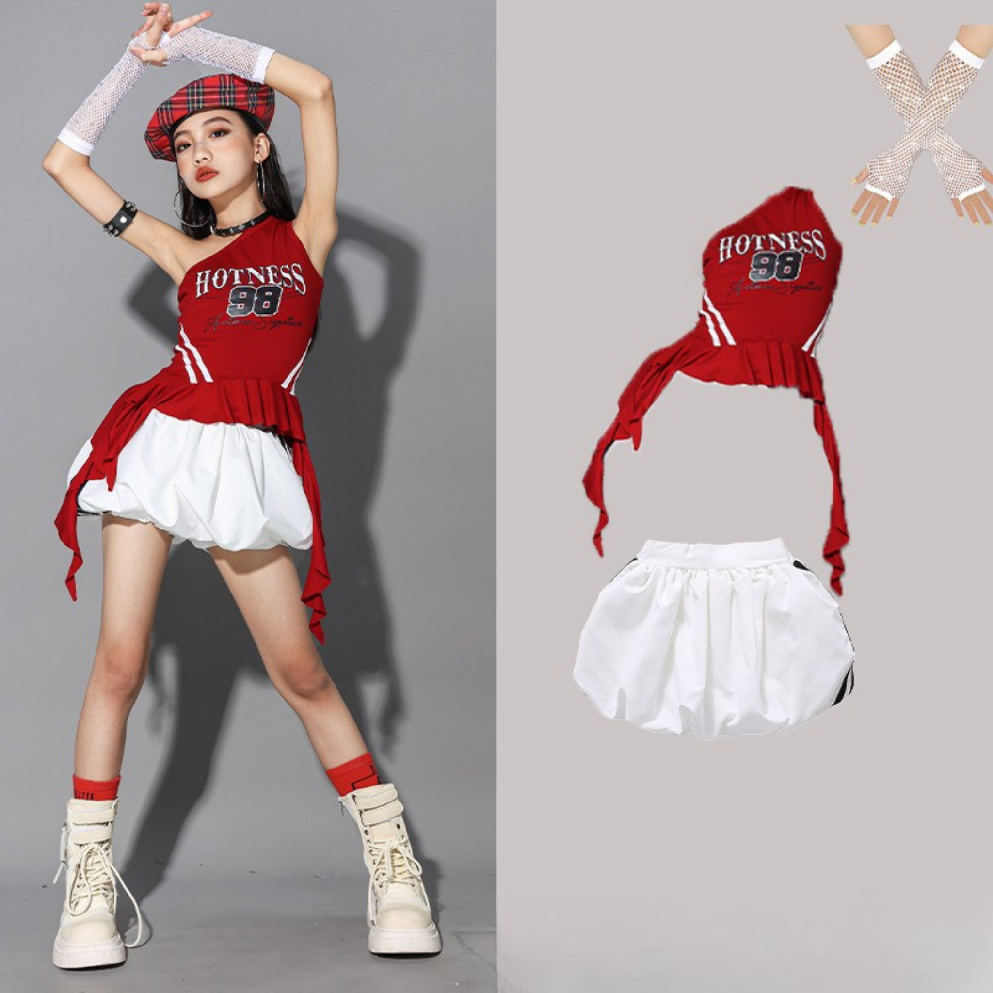 GIRLS レッドワンショルダー バルーンパンツセットアップ キッズダンス衣装