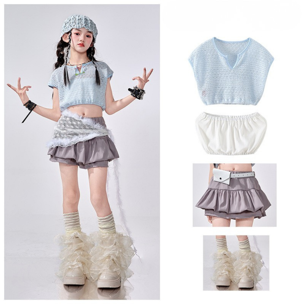 K-POP アイスブルーニット ティアードスカートセットアップ キッズダンス衣装