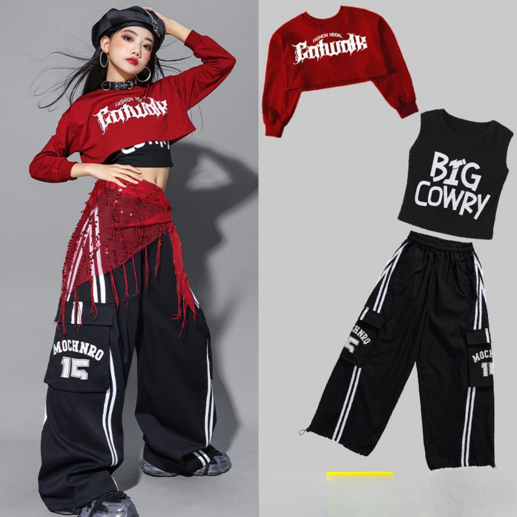 HIPHOP レッドブラック カーゴパンツセットアップ キッズダンス衣装