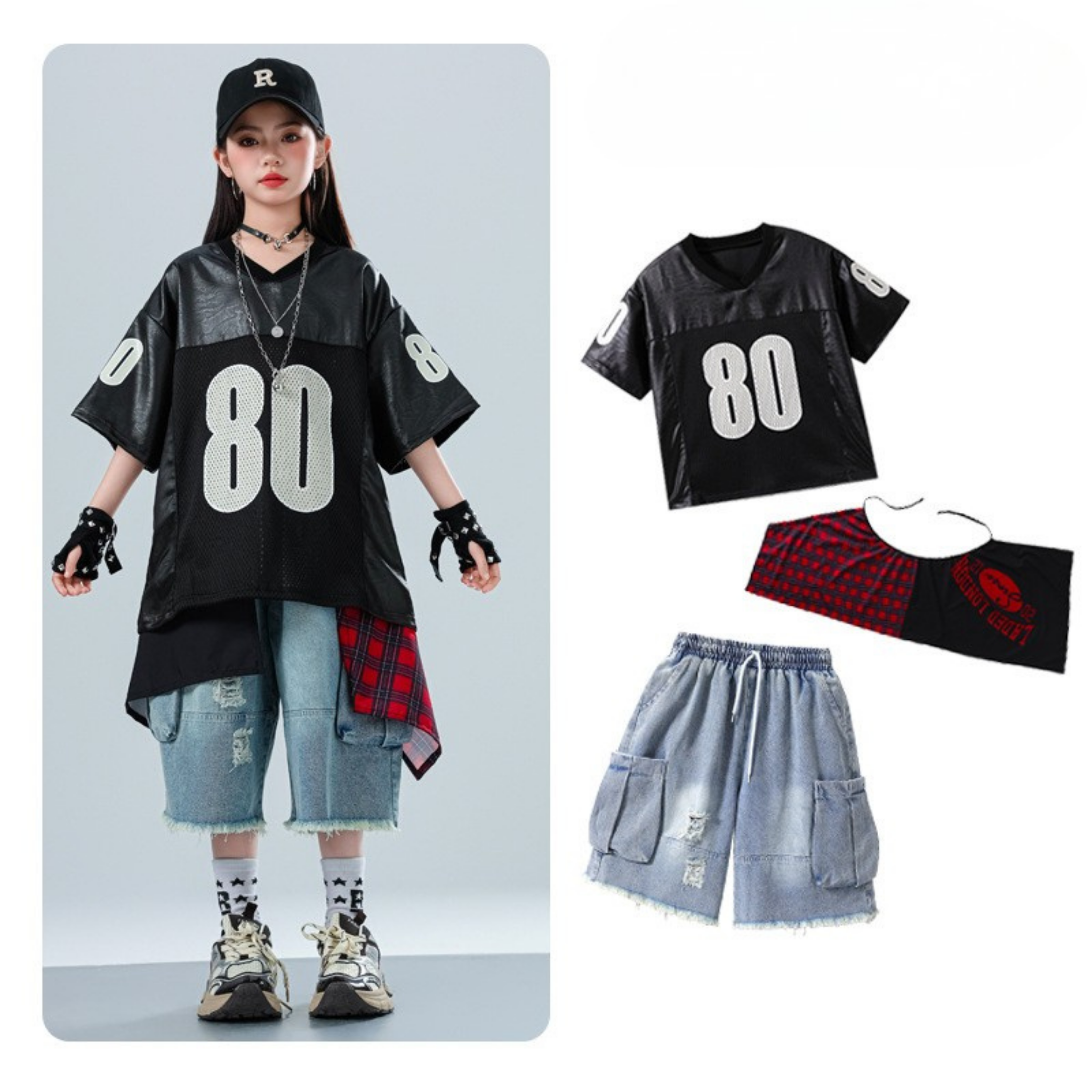 HIPHOP ブラックナンバー デニムハーフパンツセットアップ キッズダンス衣装