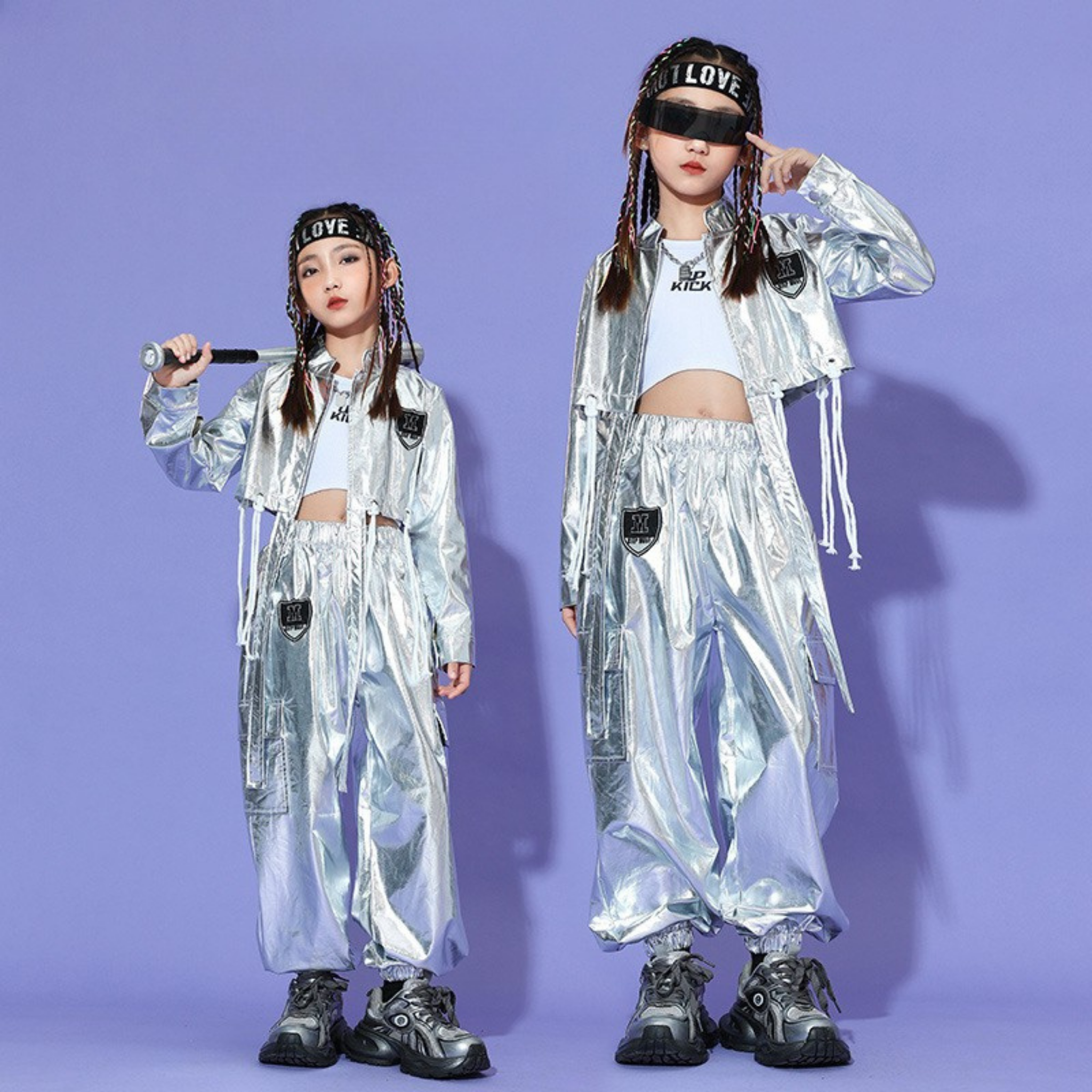 HIPHOP メタリックシルバー カーゴセットアップ キッズダンス衣装
