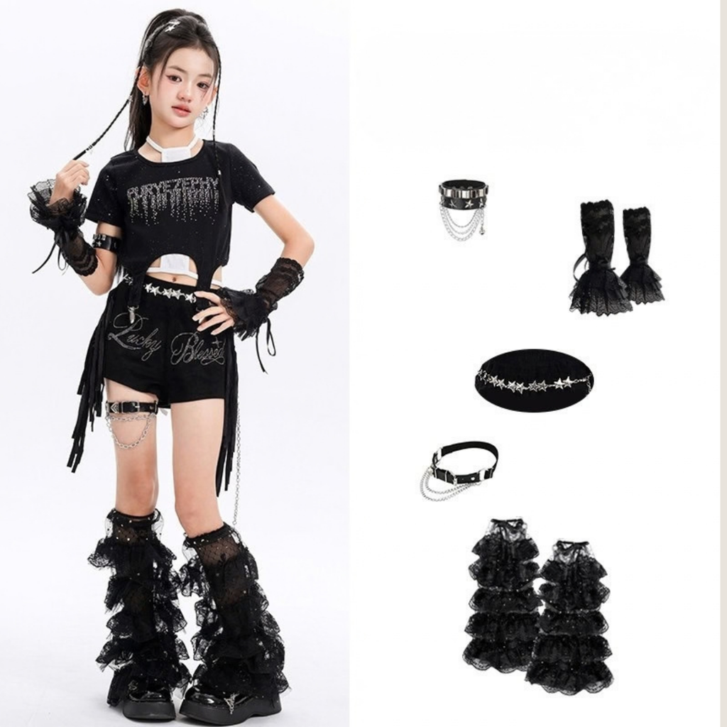 GIRLS ブラックラインストーン フリンジショートパンツセットアップ キッズダンス衣装 商品画像6