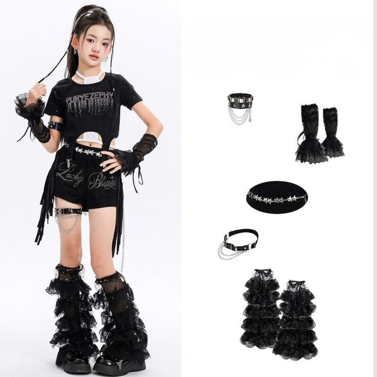 GIRLS ブラックラインストーン フリンジショートパンツセットアップ キッズダンス衣装 商品画像6