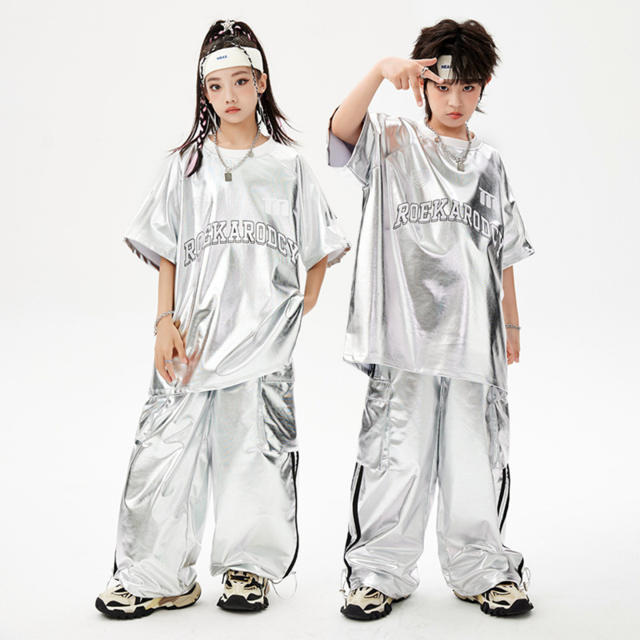 STREET メタリックシルバー カーゴセットアップ キッズダンス衣装