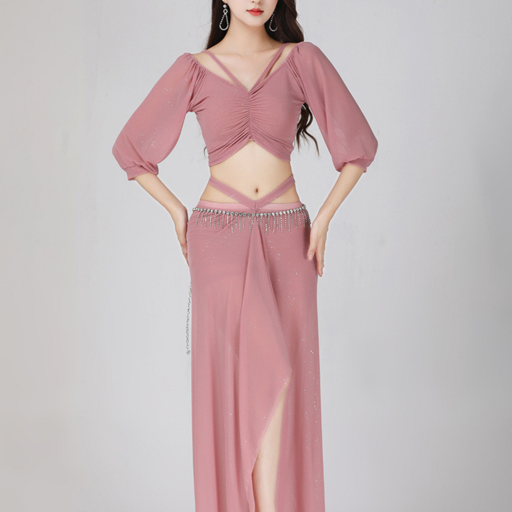 ベリーダンス　レッスンウェア　ラメ　メッシュ　ランタンスリーブ