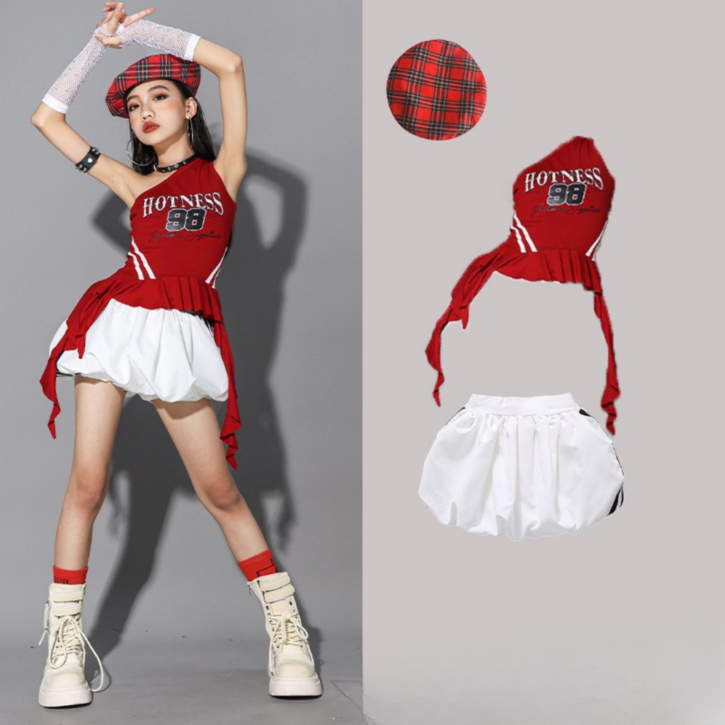 GIRLS レッドワンショルダー バルーンパンツセットアップ キッズダンス衣装