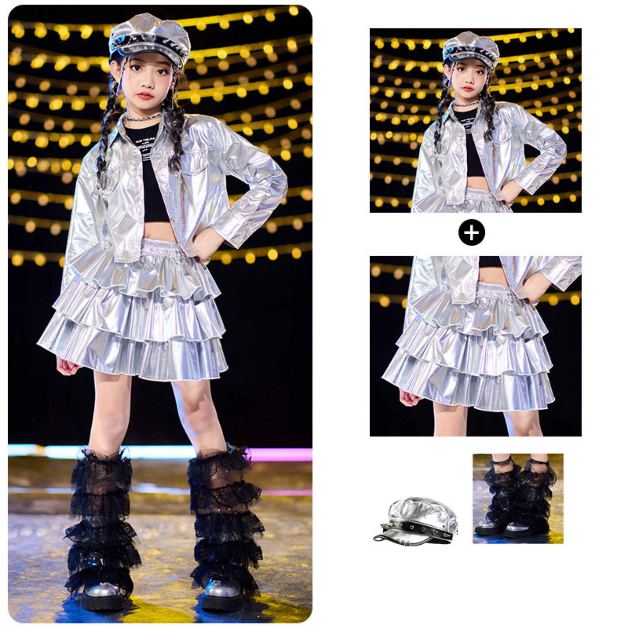 K-POP メタリックシルバー プリーツスカートセットアップ キッズダンス衣装
