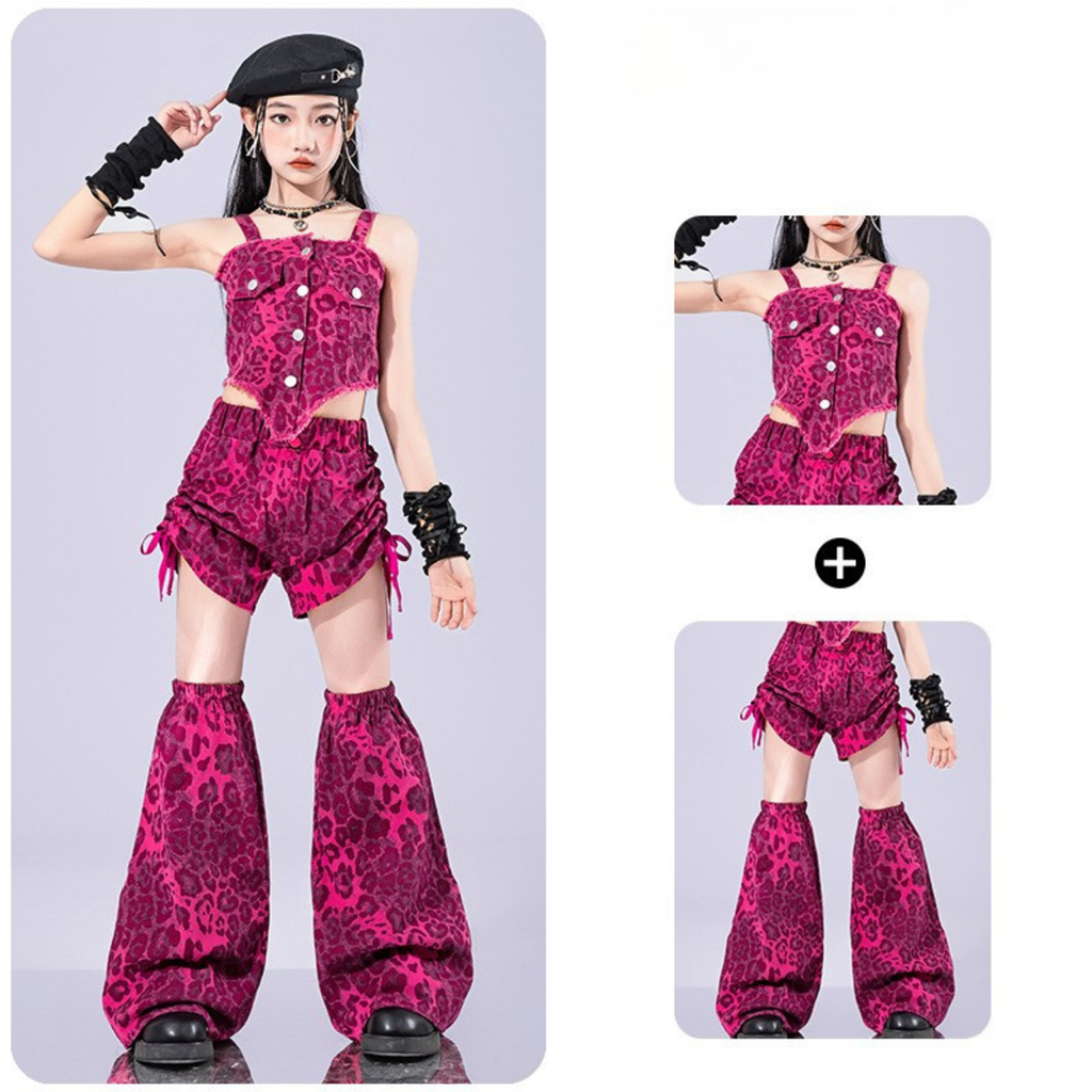 GIRLS ピンクレオパード ステージセットアップ キッズダンス衣装
